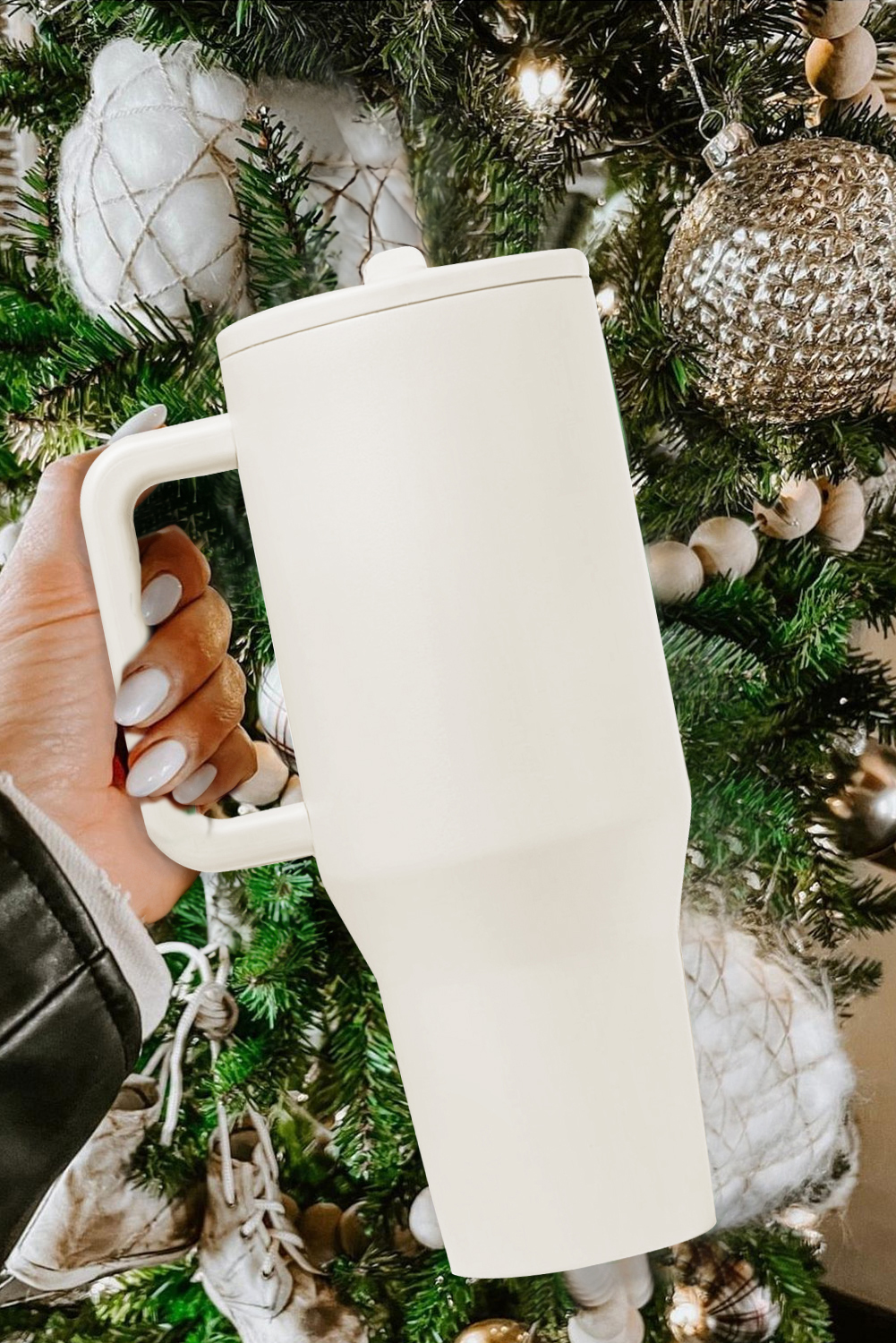 White Frosted Stainless Handle Large Vacuum Cup with Straw 40oz - loveforevers