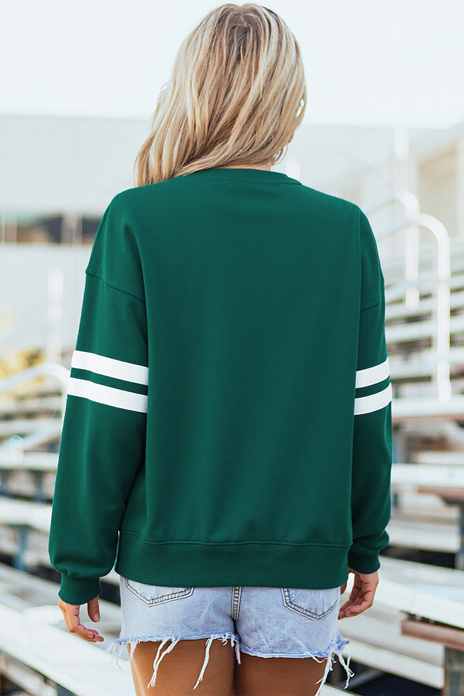 Evergreen Ribbon Bow Lucky Clover Varsity Striped Sleeve Casual Sweatshirt - loveforevers
