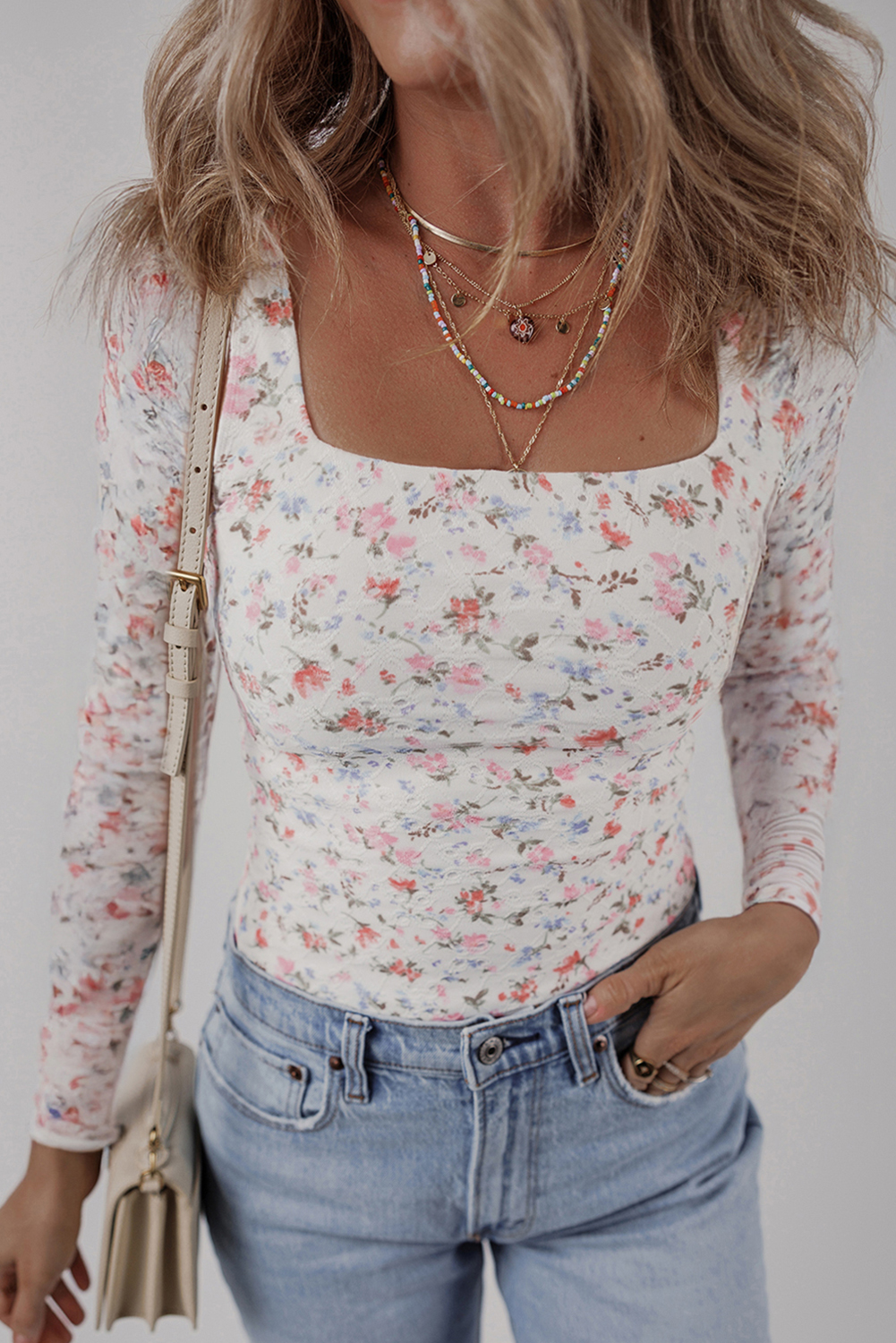 White Floral Print Textured Square Neck Slim Fit Long Sleeve Top - loveforevers