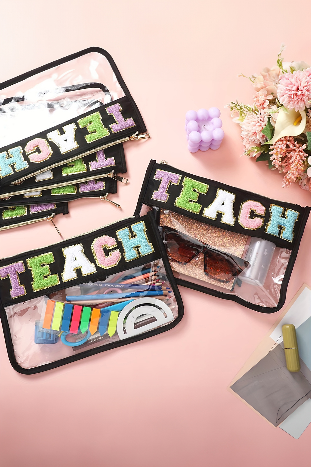 Black TEACH Glitter Chenille Clear PVC Makeup Bag - loveforevers