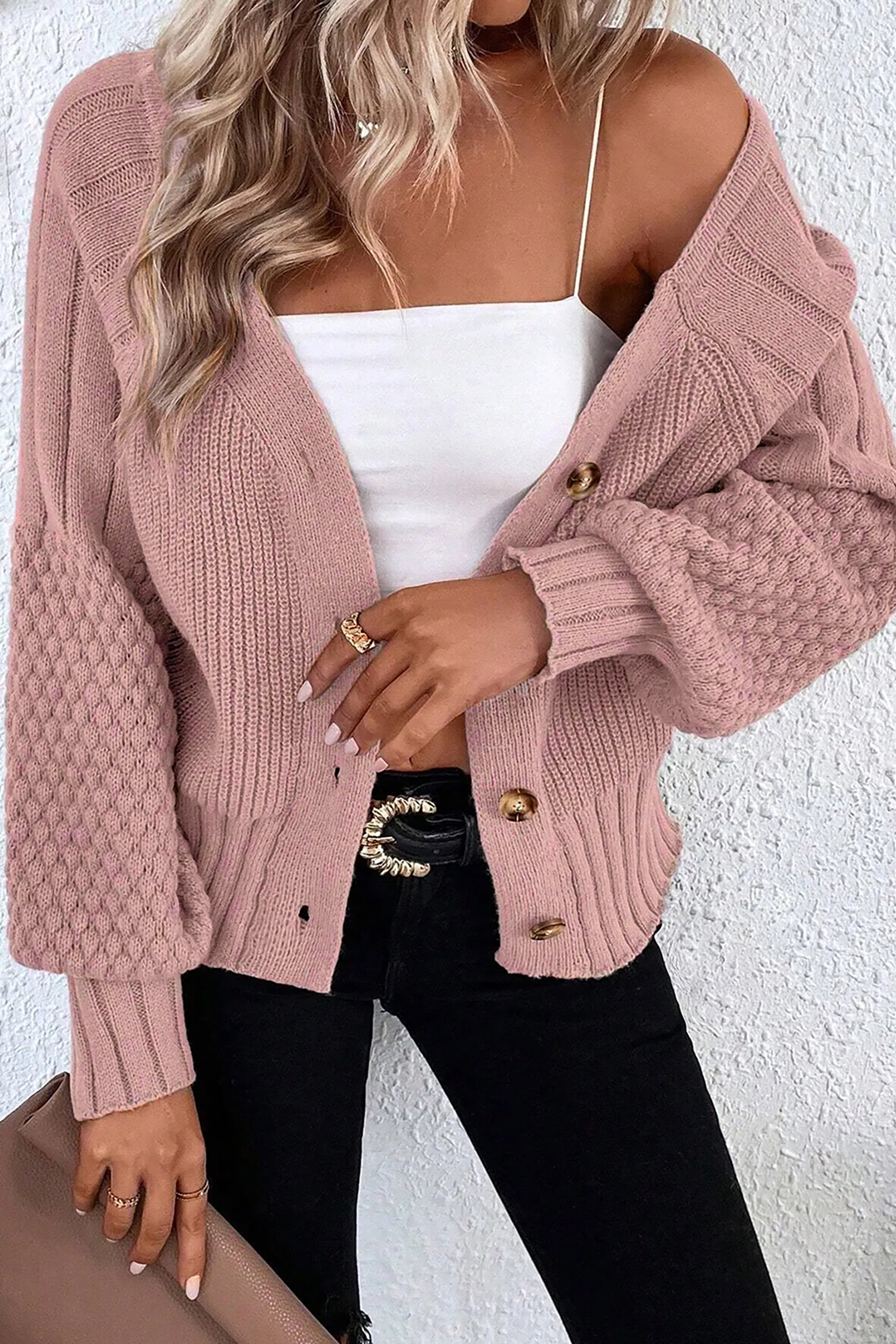 Light Pink Mixed Texture Knit Button V Neck Sweater Cardigan - loveforevers