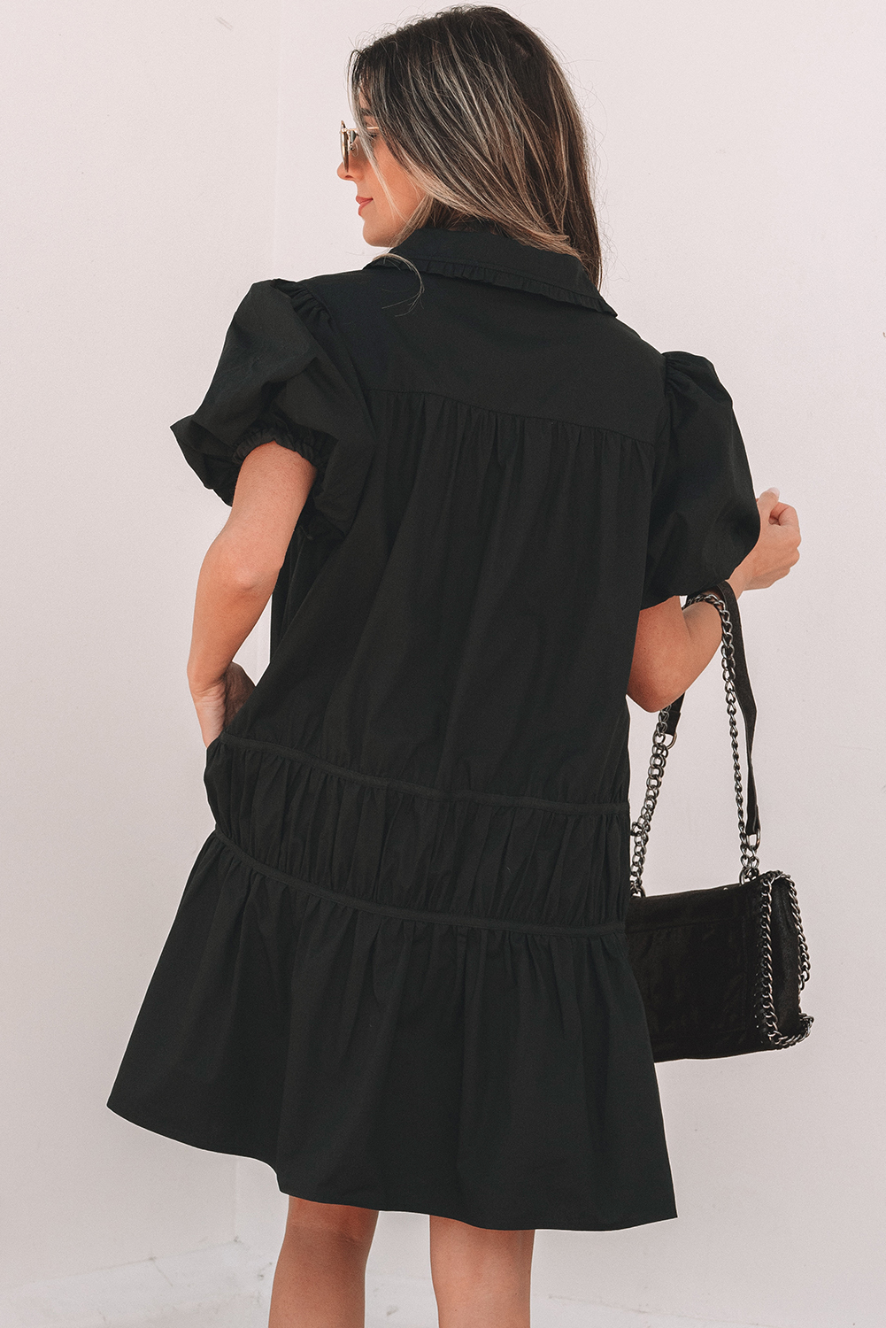 Black Shirt Style Button Down Puff Sleeve Ruffle Hem Dress - loveforevers