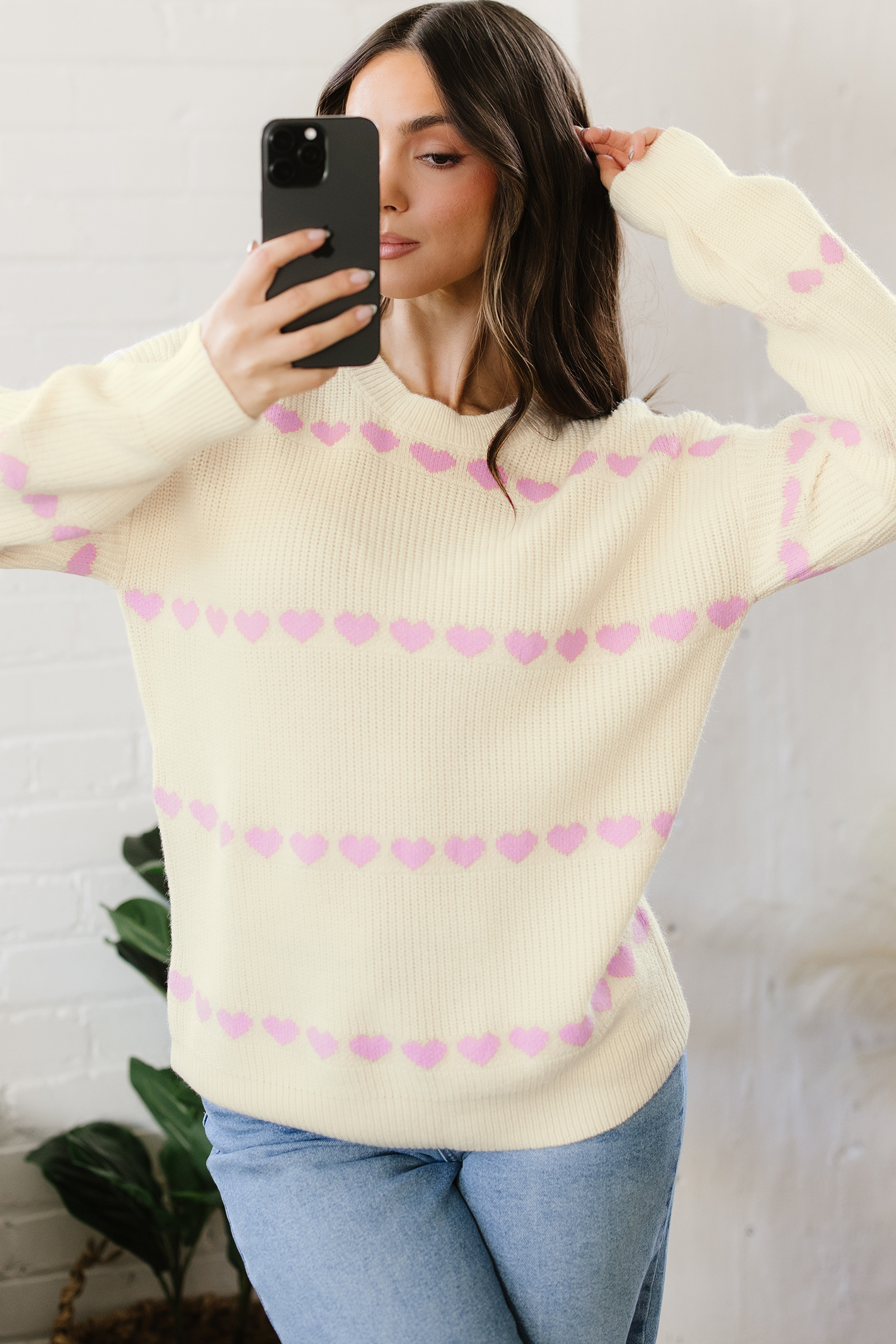 Pink Heart Pattern Valentine Ribbed Knit Sweater - loveforevers