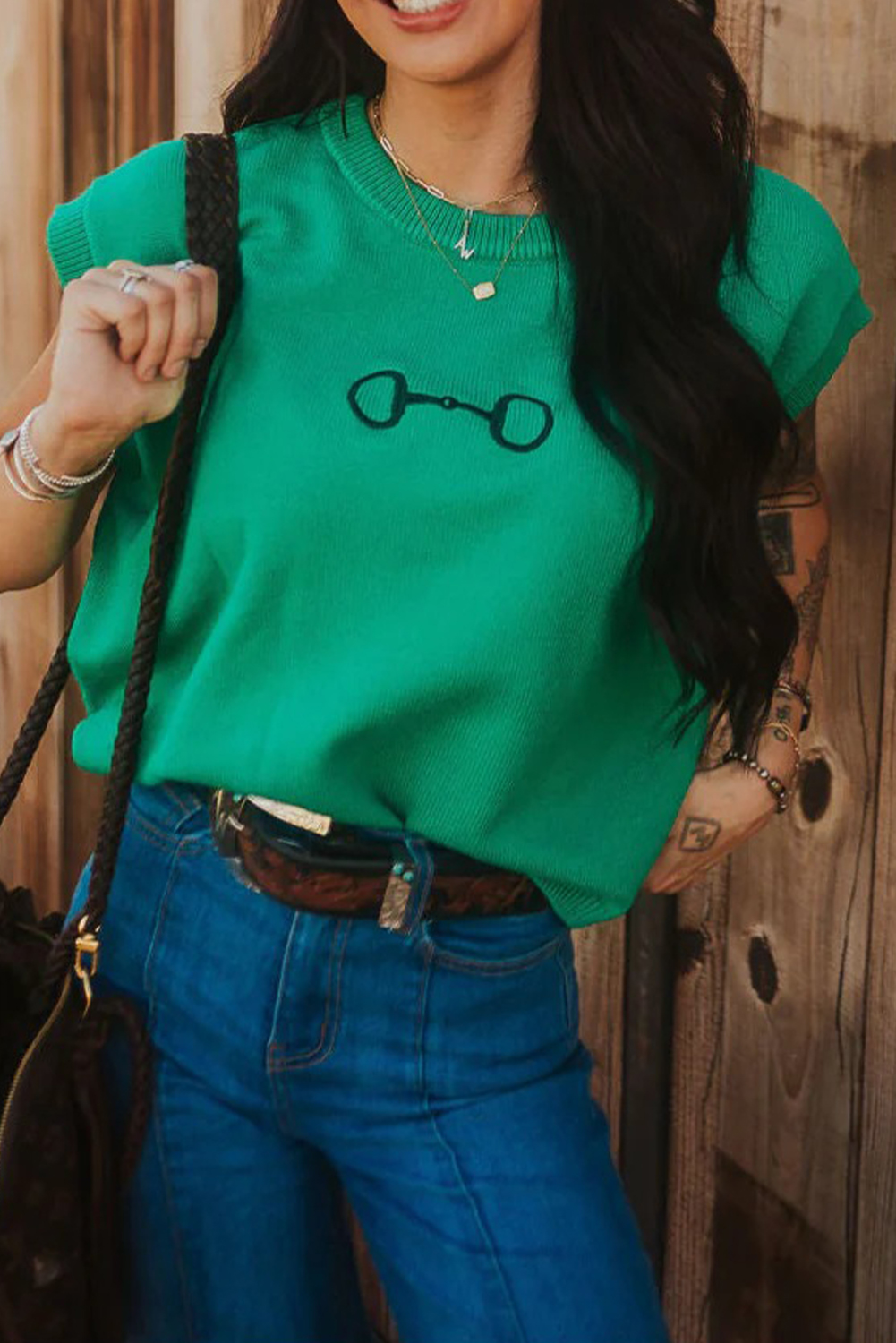 Bright Green Horse Bit Embroidered Loose Short Sleeve Sweater - loveforevers