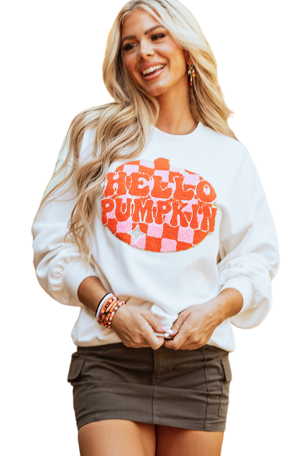 White Terry Halloween Pumpkin Patched Pattern Pullover Sweatshirt - loveforevers