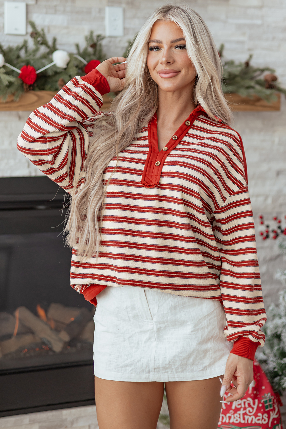 Red Stripe Buttoned V Neck Collared Drop Shoulder Top - loveforevers