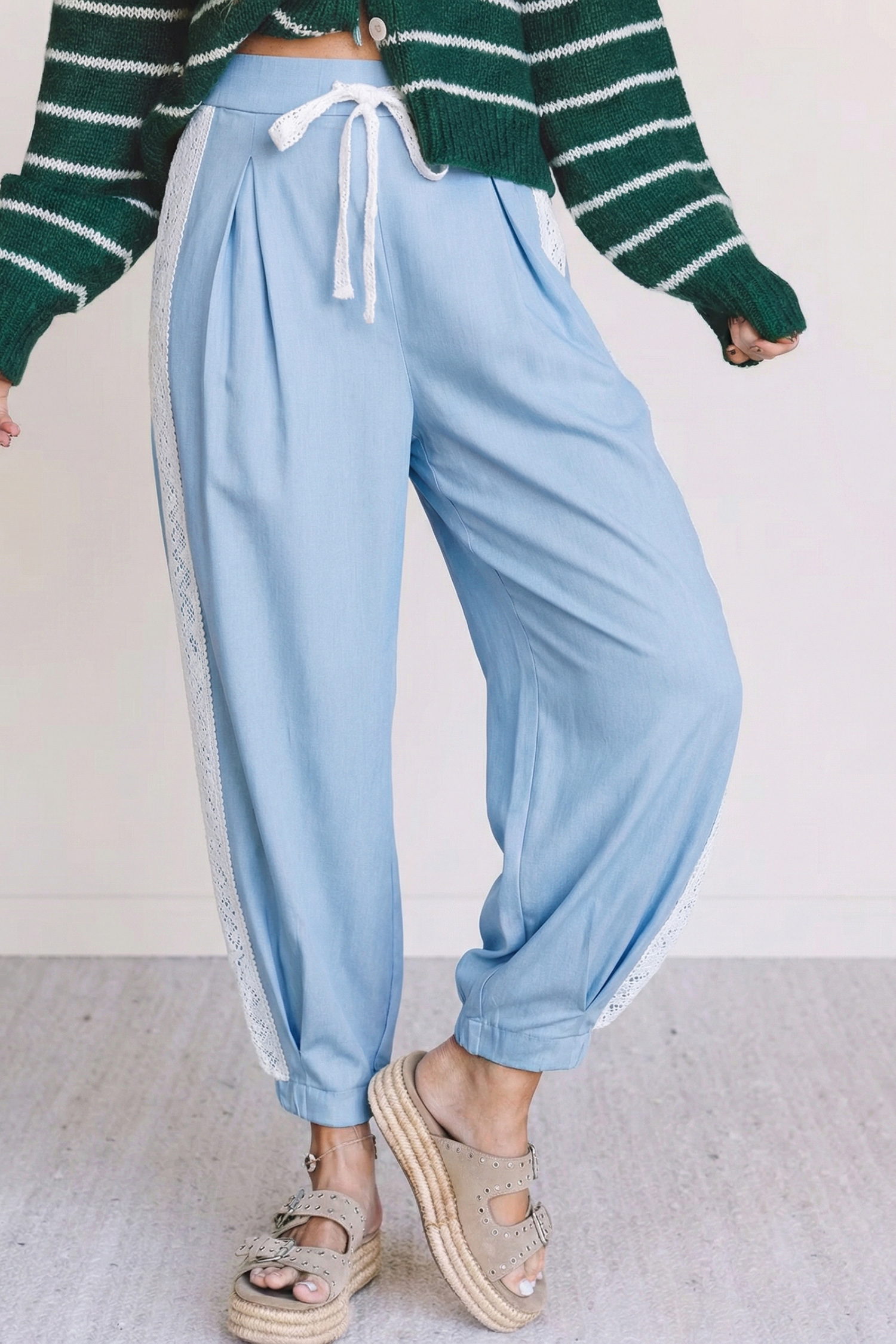 Beau Blue Lace Accent Floral Patched Pocket Pleated Wide Leg Slouchy Pants - loveforevers