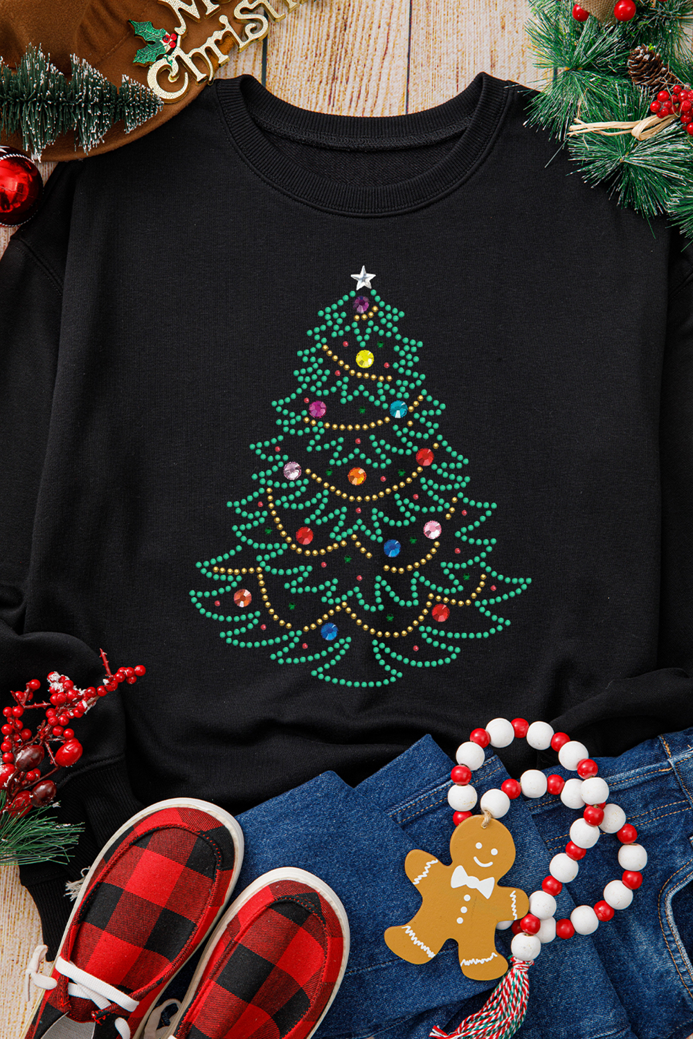 Black Rhinestone Christmas Tree Graphic Pullover Sweatshirt - loveforevers