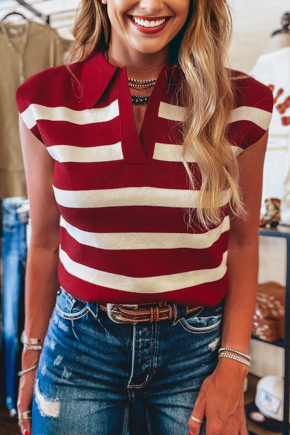 Red Stripe Collared Split Neck Sweater Vest - loveforevers