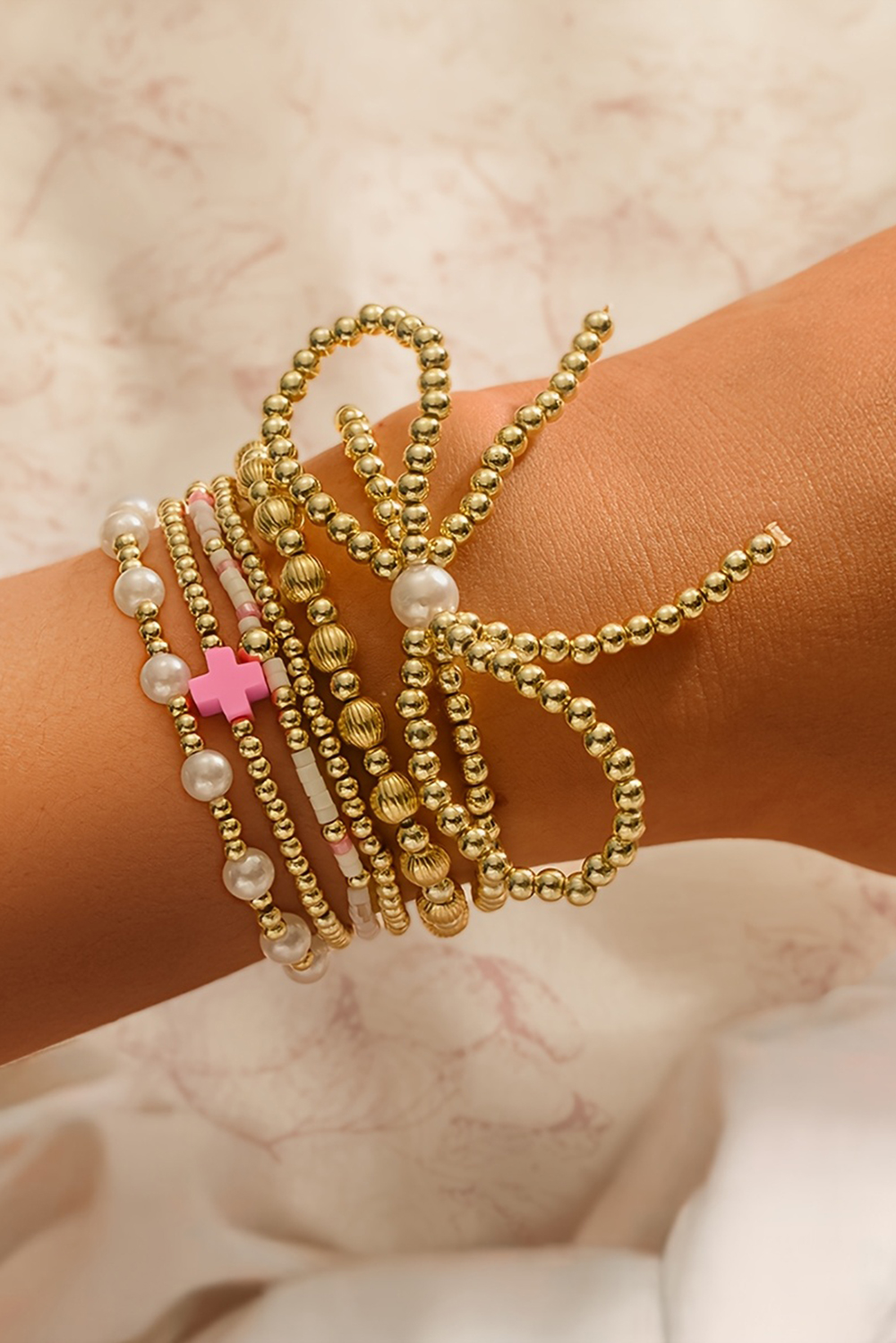 Gold Bow Knot Pearl Decor Beaded Plated Layered Bracelet - loveforevers