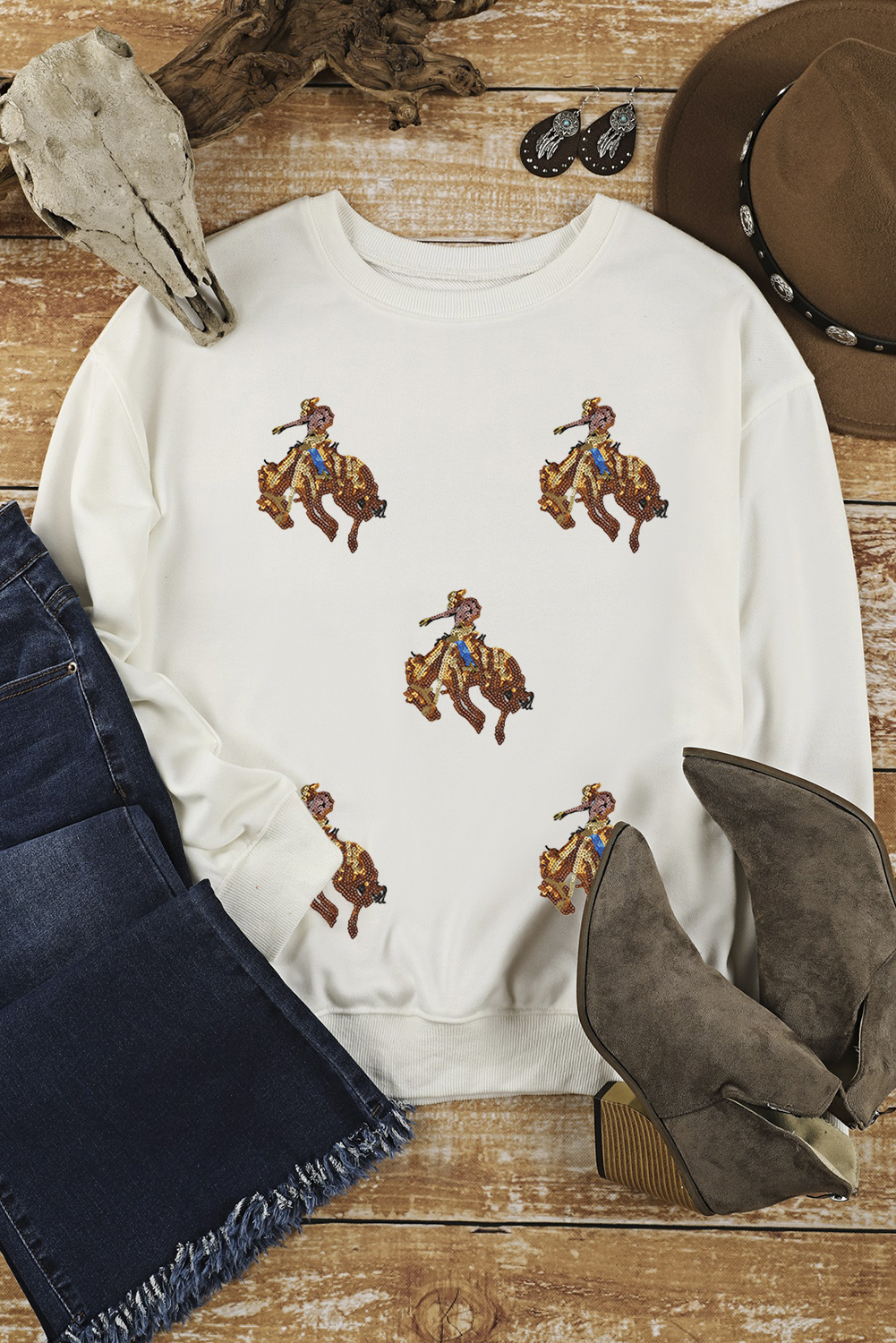 White Sequin Rodeo Patched Drop Shoulder Sweatshirt - loveforevers
