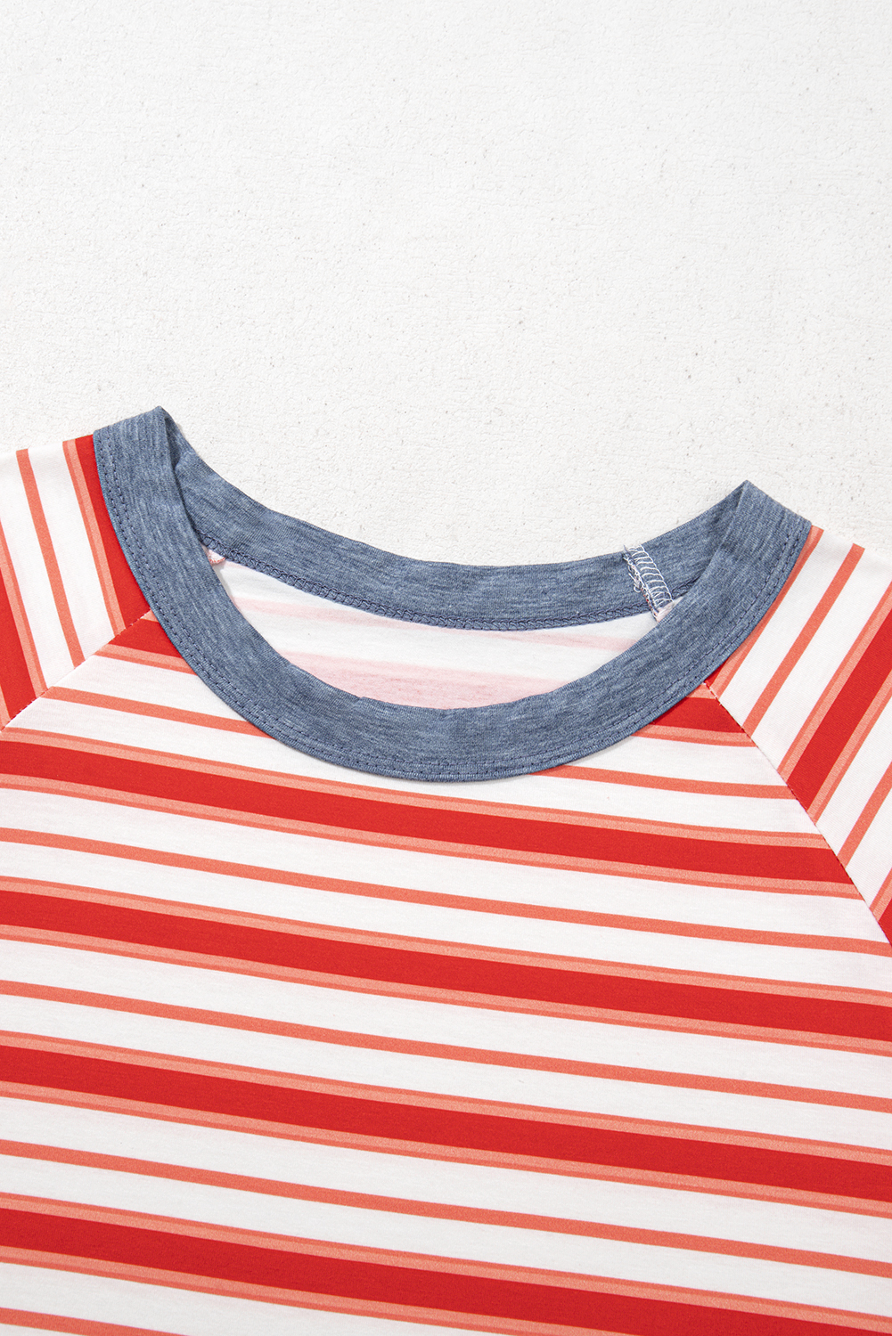 Tomato Red Stripe Print Contrast Collar Raglan Sleeve T Shirt - loveforevers