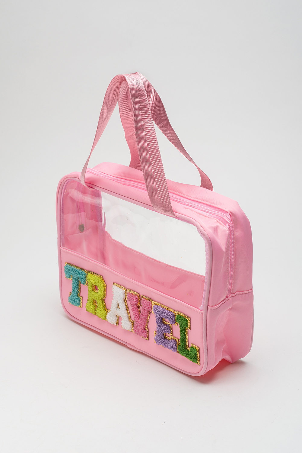 Light Pink TRAVEL Chenille Letter Clear PVC Makeup Bag - loveforevers