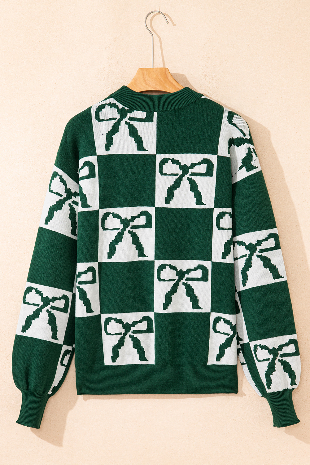 Blackish Green Checkered Bow Print Casual Sweater - loveforevers