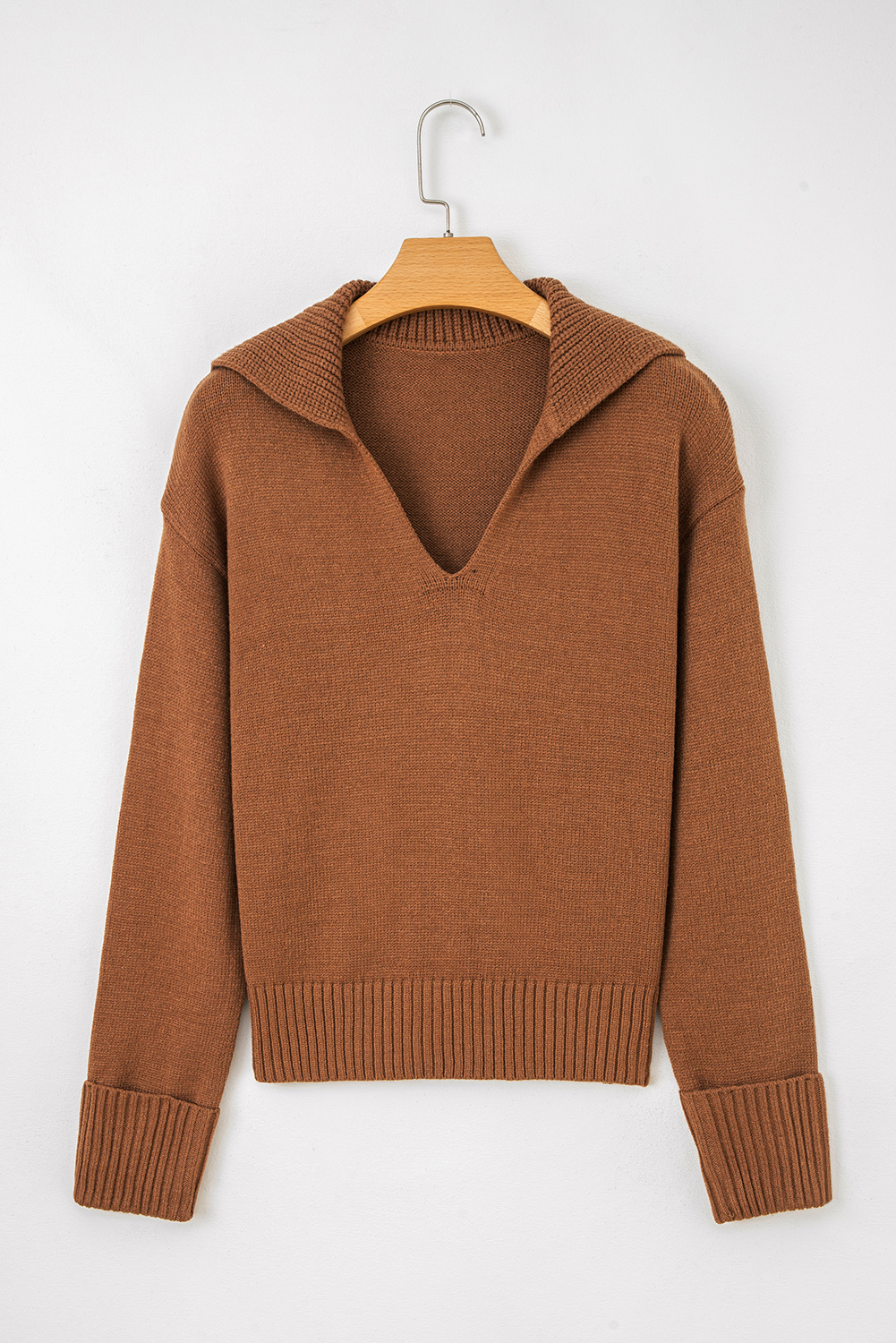 Racing Red Collared V Neck Ribbed Edge Sexy Elegant Sweater - loveforevers