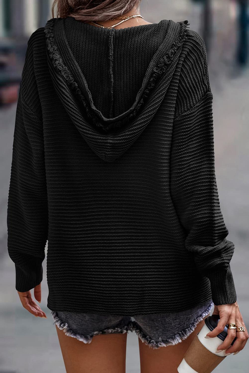 V Neck Ribbed Drop Shoulder Hooded Sweater - loveforevers