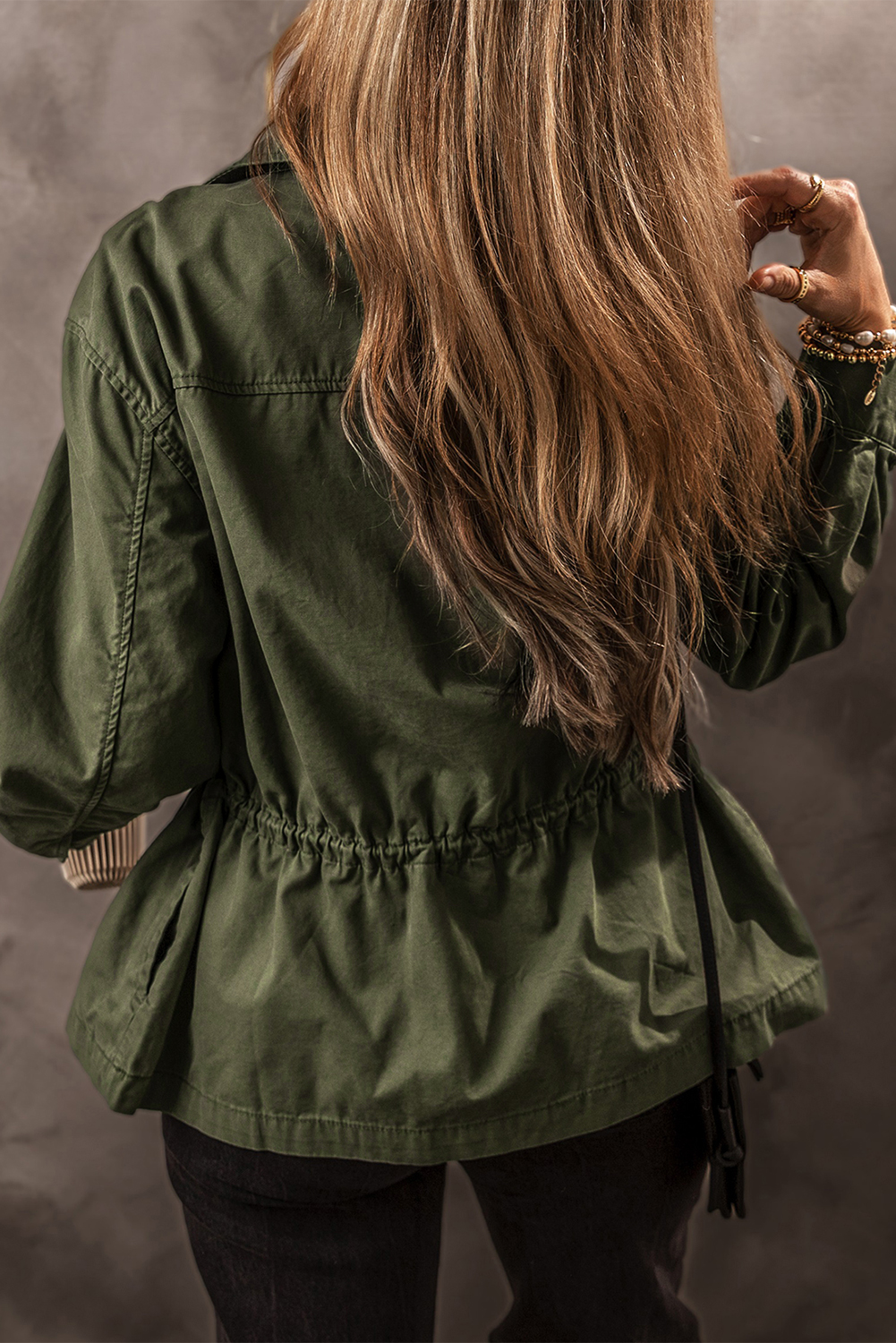 Moss Green Snap Button Zipper Tight Waist Collared Jacket - loveforevers