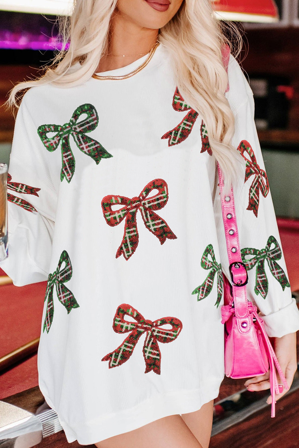 White Plaid Bowknot Pattern Corded Oversized Sweatshirt - loveforevers