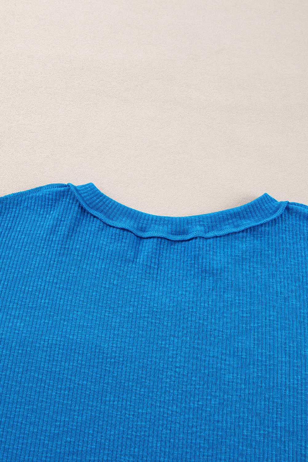 Blue Ribbed Exposed Seam Knit V Neck Long Sleeve Top - loveforevers