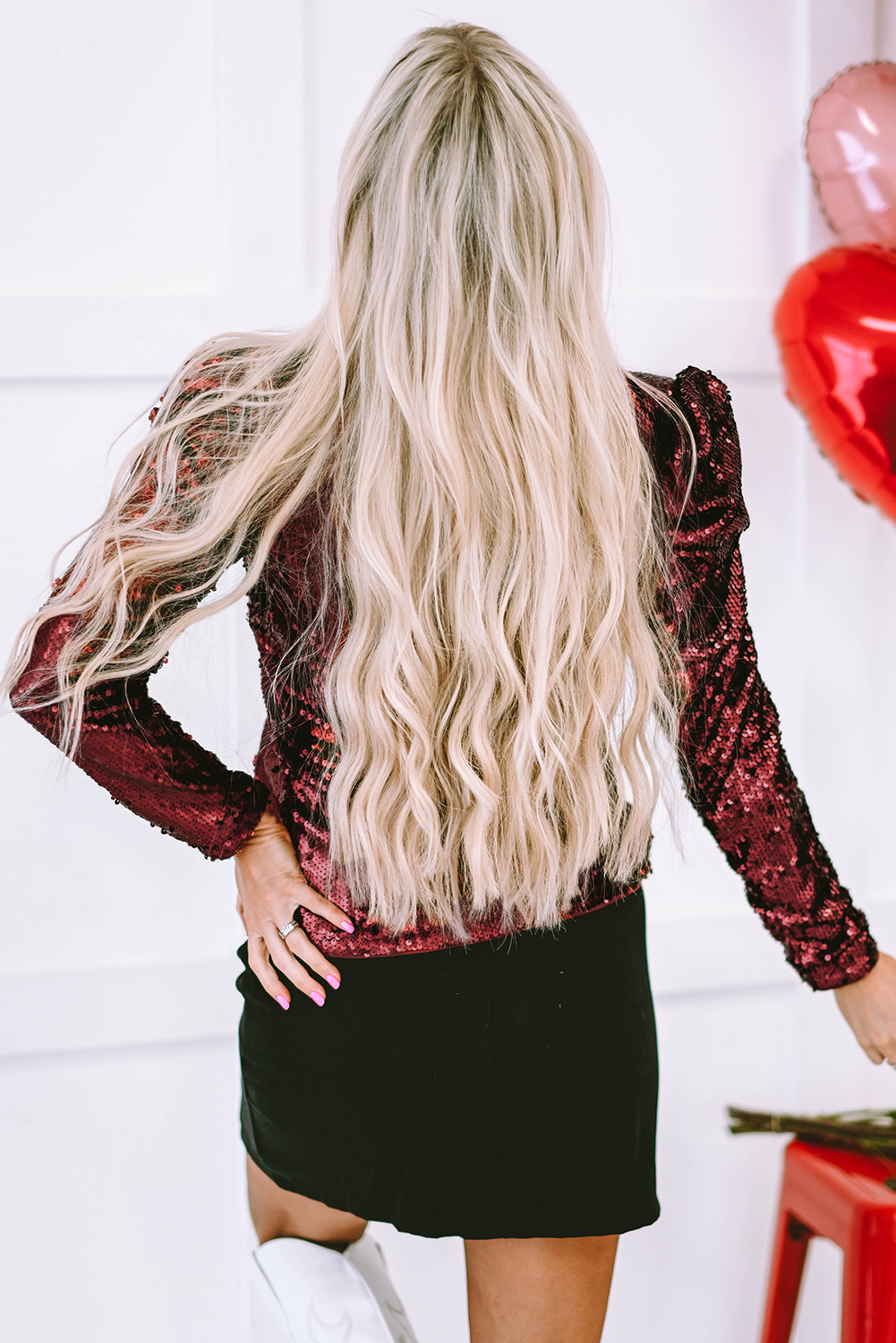 Burgundy Sequin Mock Neck Bubble Sleeve Top - loveforevers