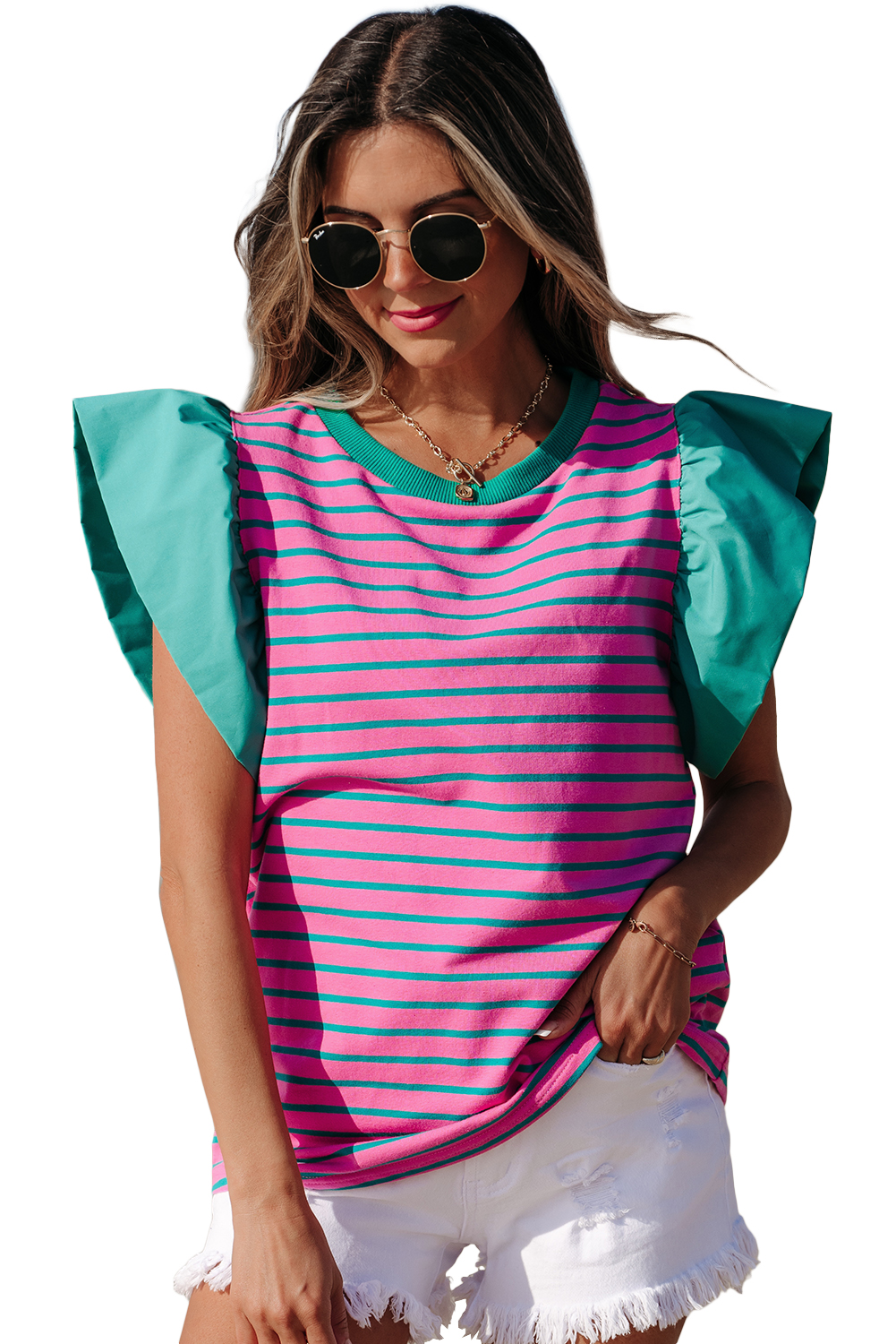 Pink Stripe Collared V Neck Puff Sleeve T Shirt Dress - loveforevers