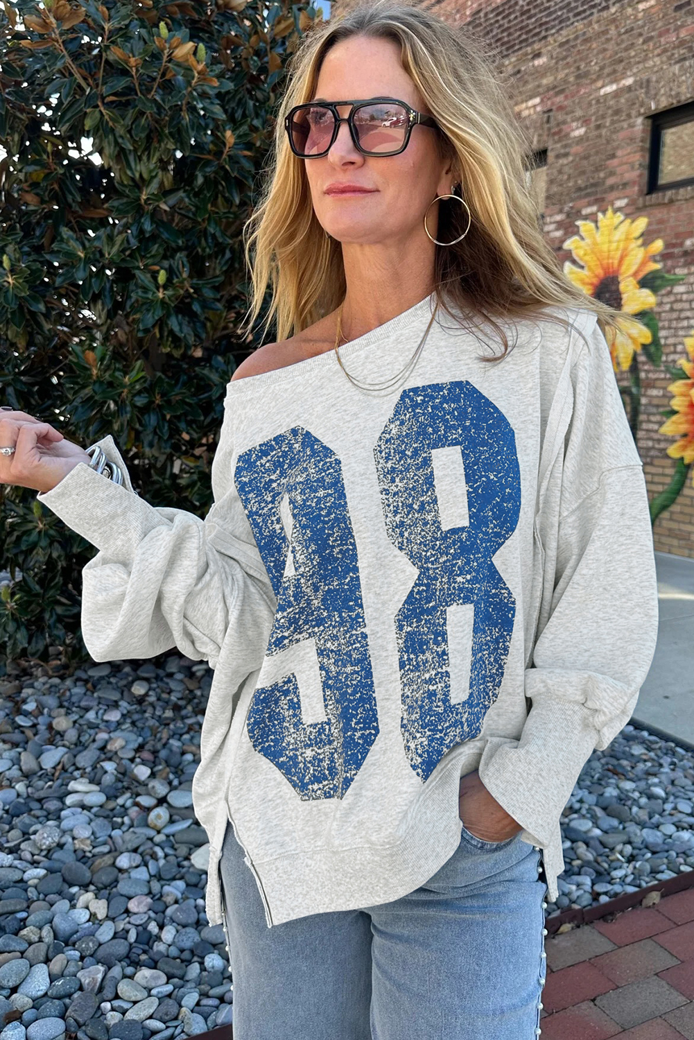 Light Grey Faded Varsity Print Loose Pullover Top - loveforevers