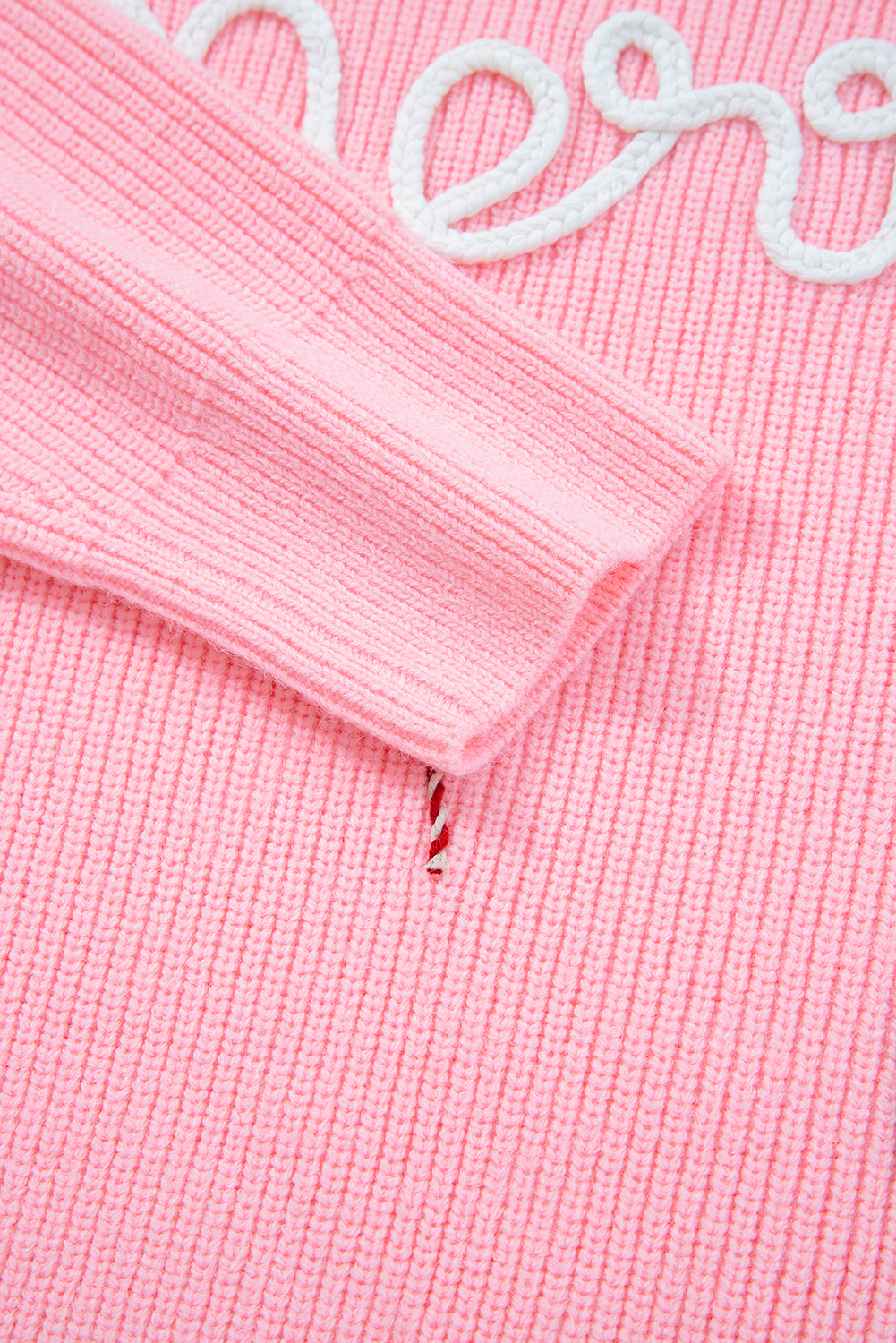 Pink Merry Candy Cane Puffy Knit Crew Neck Sweater - loveforevers