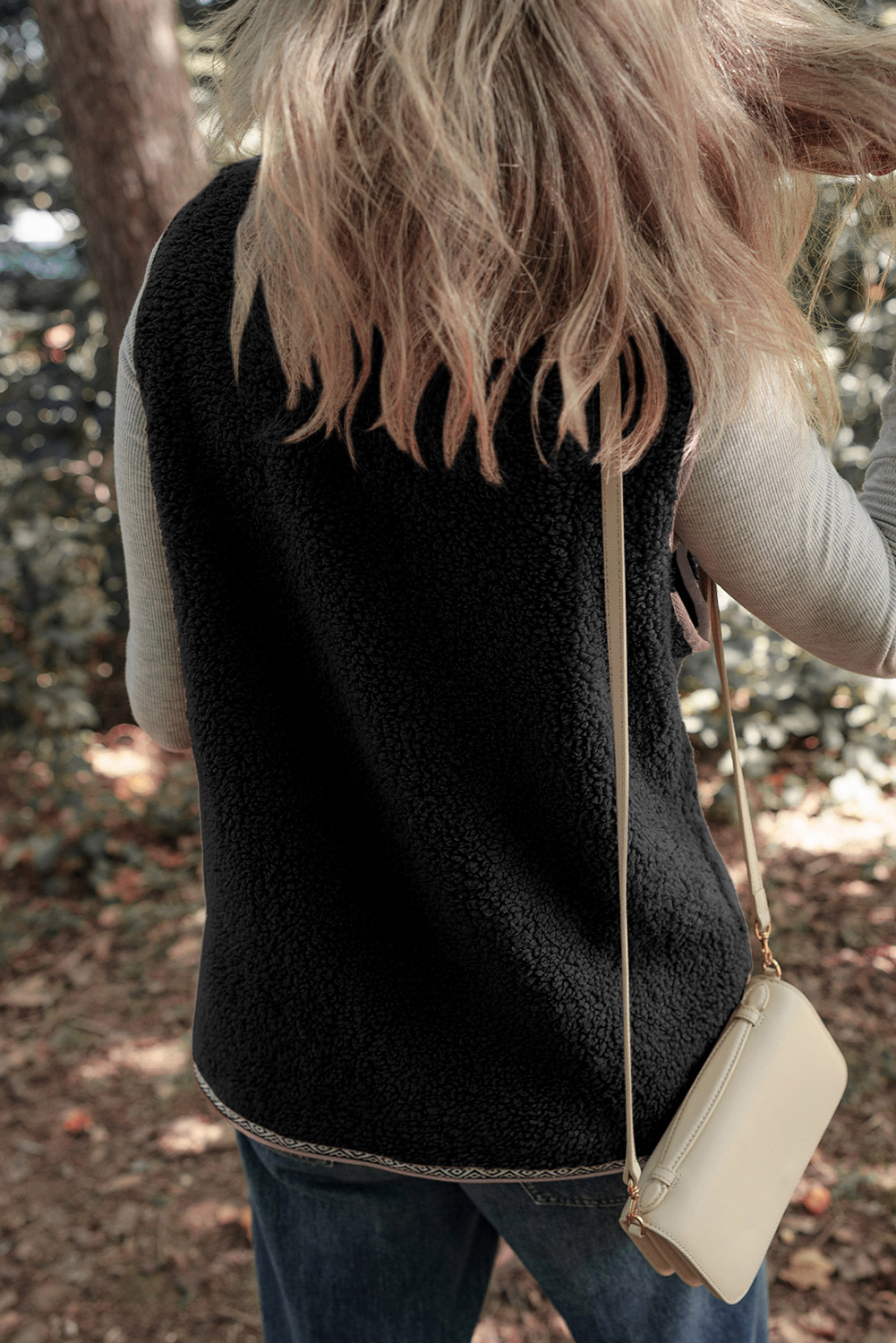 Dark Khaki Sherpa Contrast Trim Patch Pocket Cartridge Toggle Button Vest - loveforevers