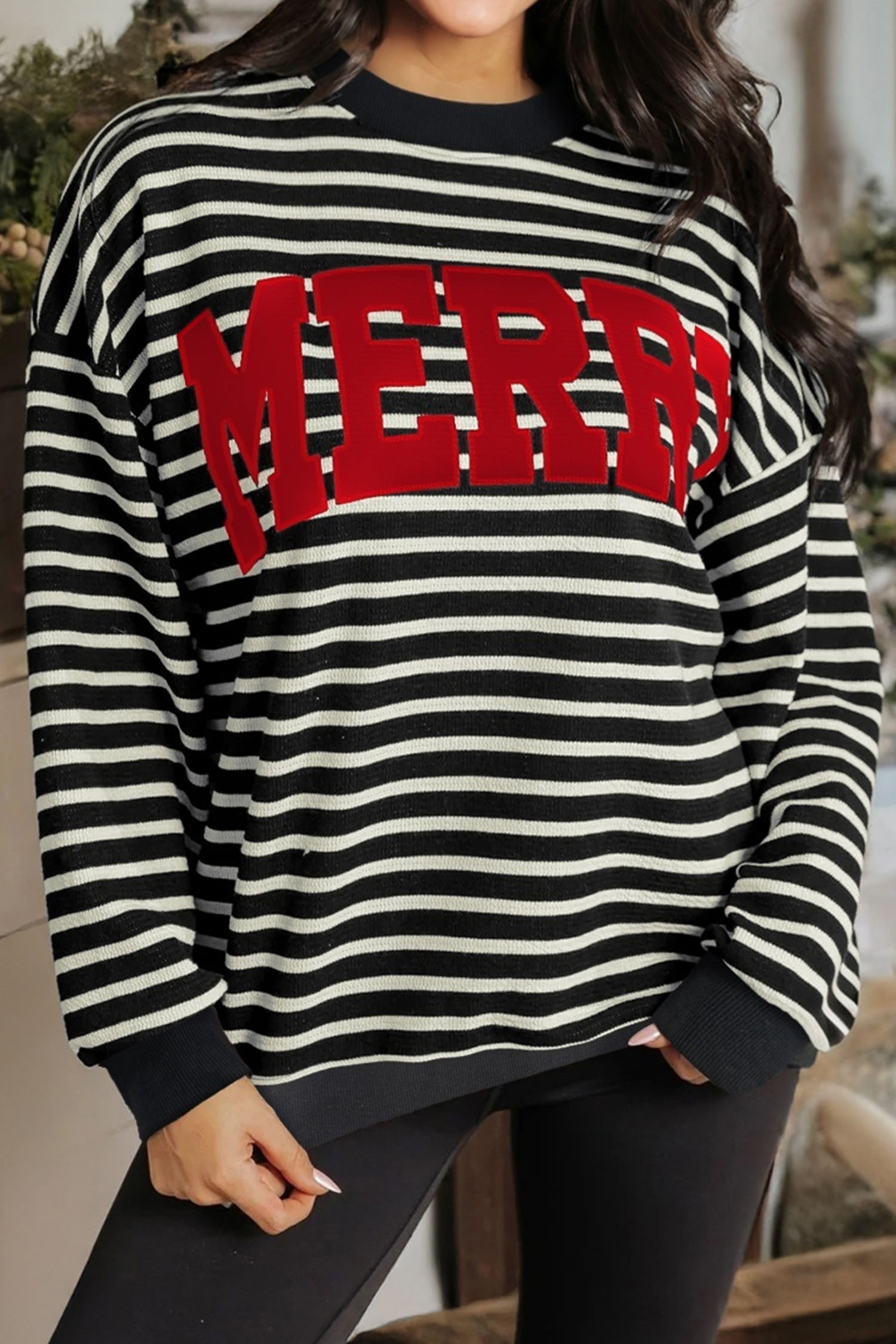 White Stripe Contrast MERRY Letter Christmas Print Drop Shoulder Sweatshirt - loveforevers
