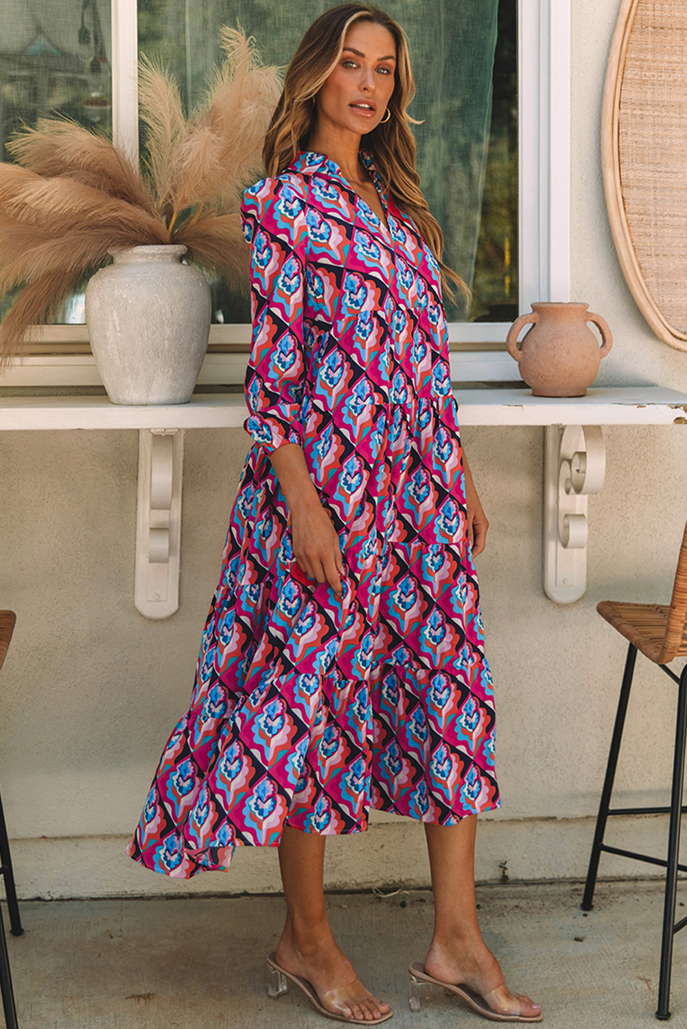 Abstract Geometric Print Long Sleeve High Waist Dress - loveforevers