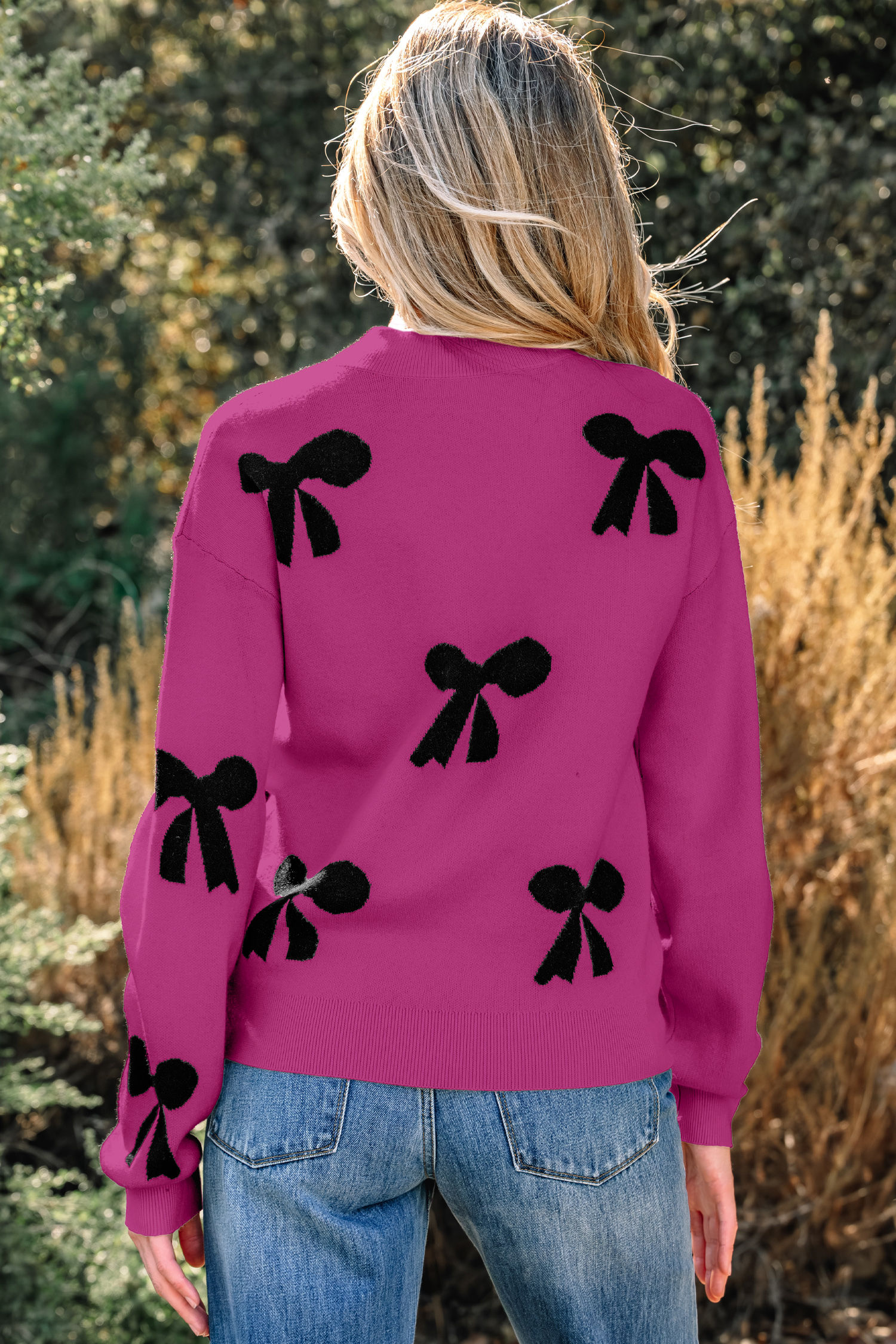 Bright Pink Pearl Embellished Bow Pattern Loose Sweater - loveforevers