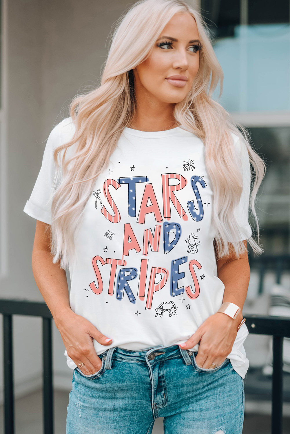 White STARS AND STRIPES Crew Neck Graphic Tee - loveforevers