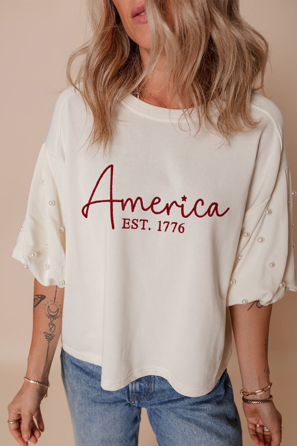White America EST 1776 Embroidered Pearl Beaded Sleeve T Shirt - loveforevers