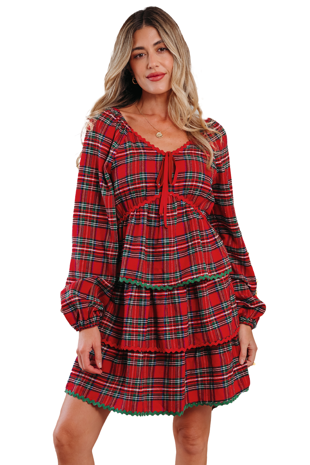 Red Plaid Print Ricrac Tiered Bubble Sleeve Mini Dress - loveforevers