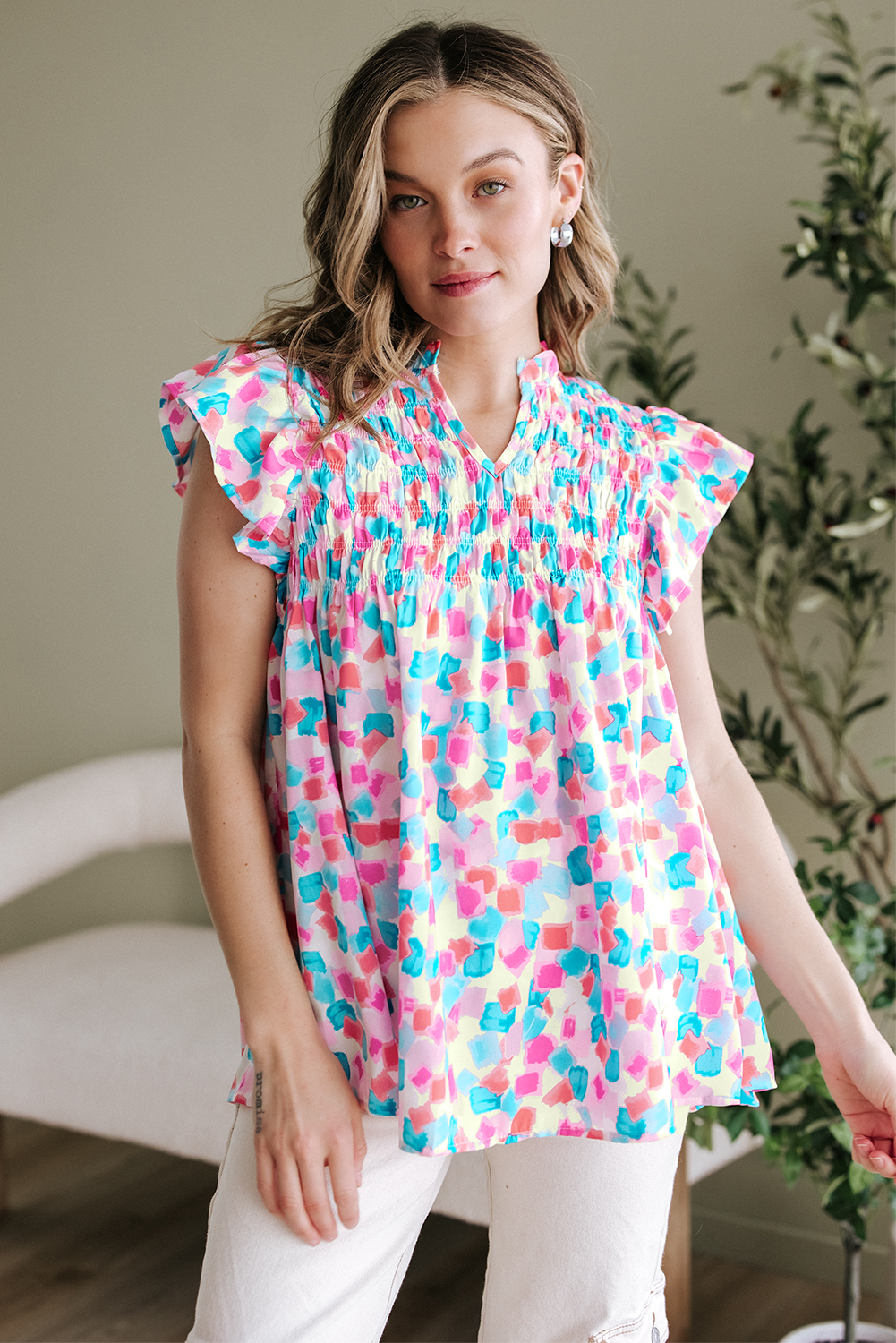 Sky Blue Shirred Yoke Ruffled Abstract Printed Blouse - loveforevers