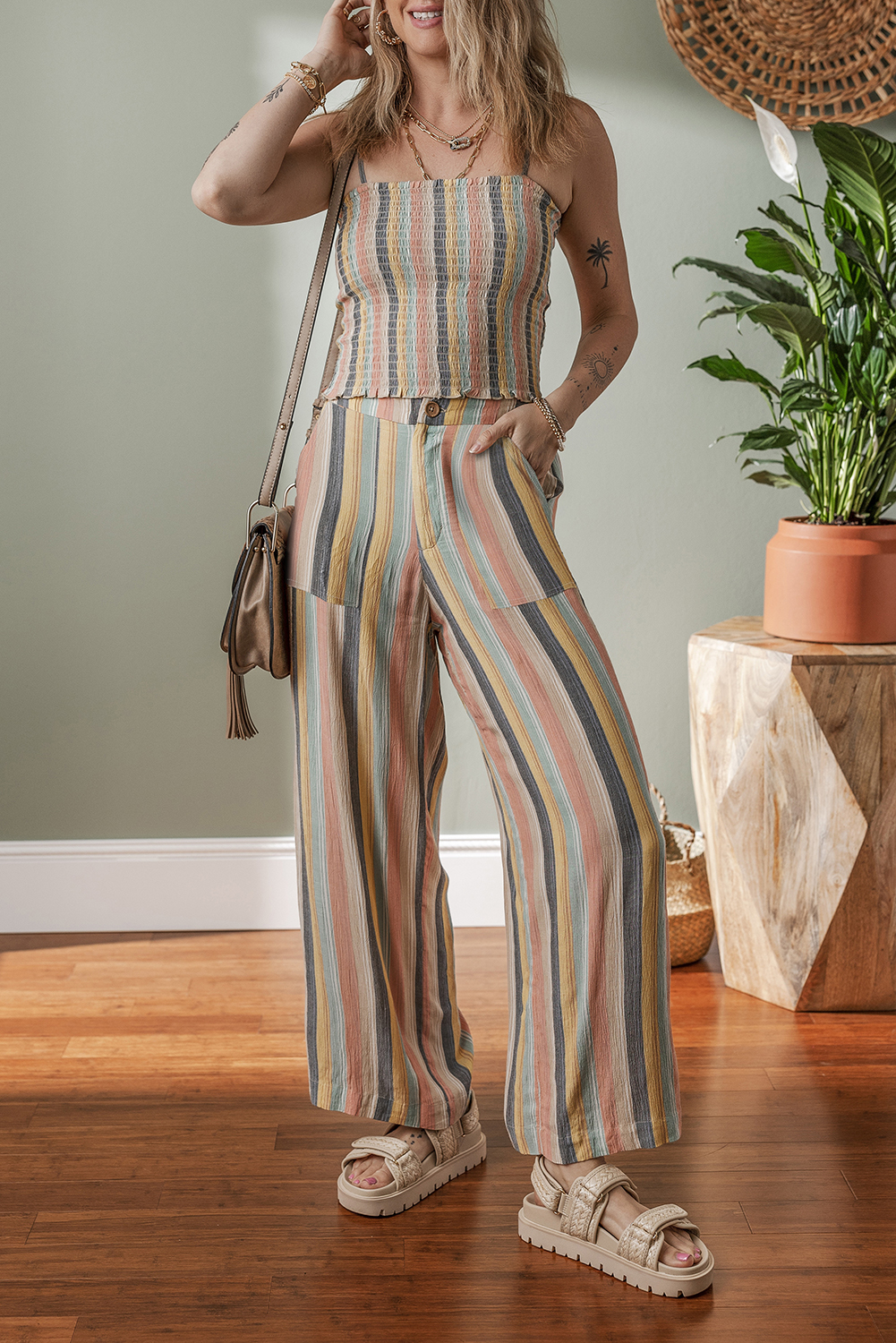 Multicolour Vertical Striped Smocked Cami Top Wide Leg Pants Set - loveforevers