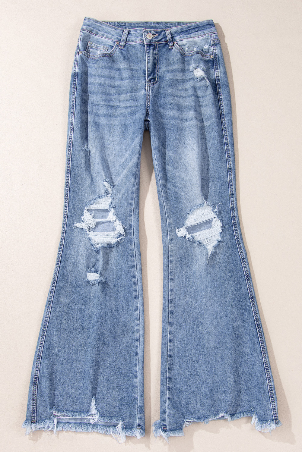 Dusk Blue High Rise Ripped Distressed Hem Flared Jeans - loveforevers