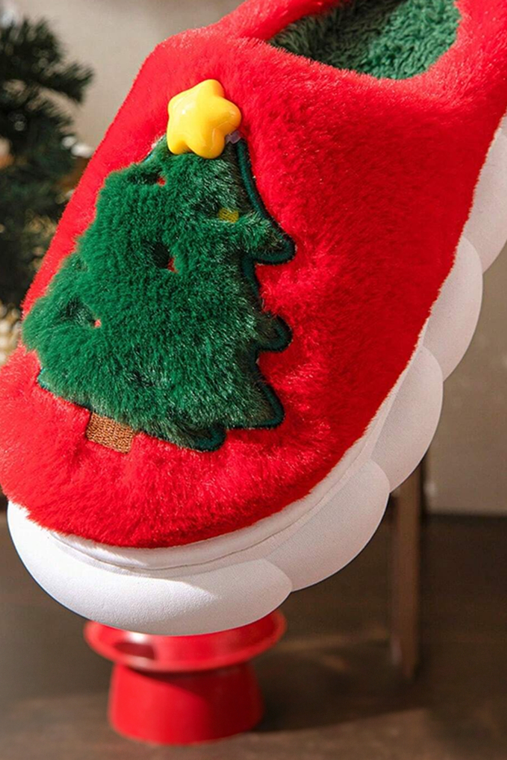Fiery Red Christmas Tree Graphic Thick Sole Plush Slippers - loveforevers