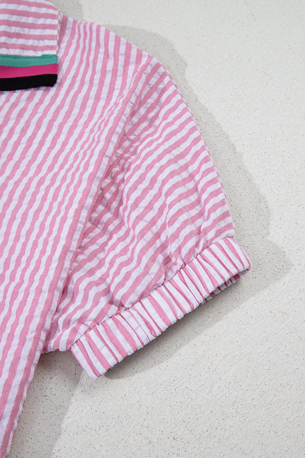 Sachet Pink Striped Print Contrast Split Neck Dolman Sleeve Blouse - loveforevers