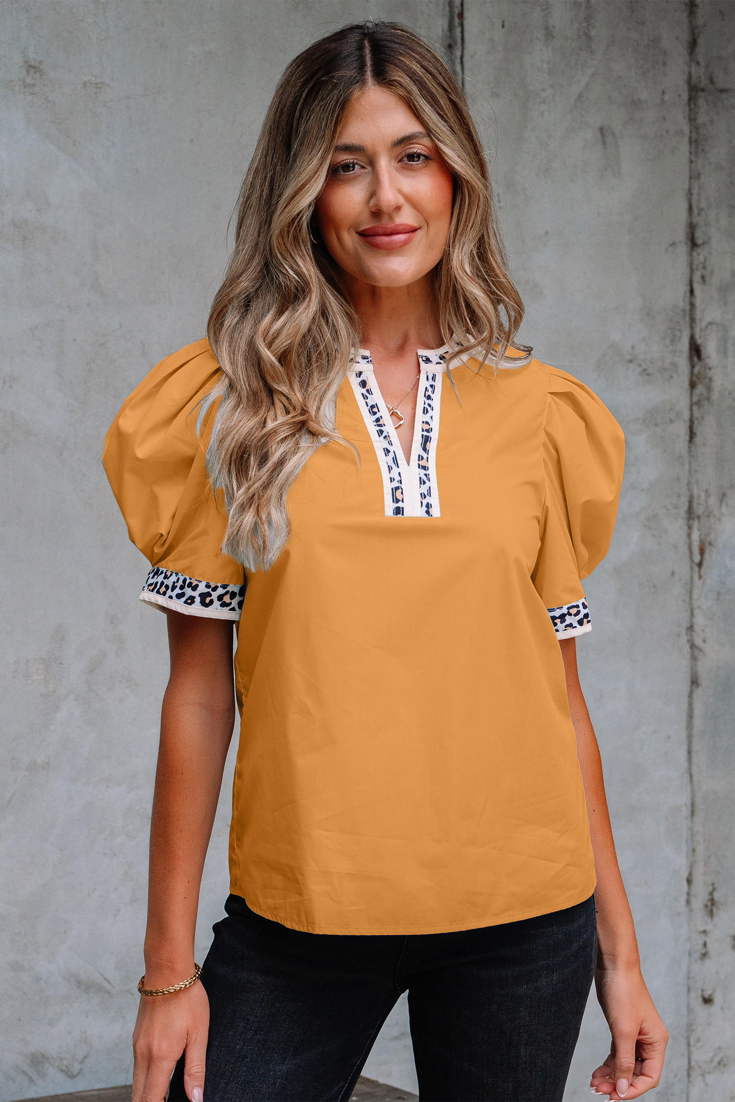 Buckskin Contrast Leopard Trim Split Neck Puff Sleeve Blouse - loveforevers