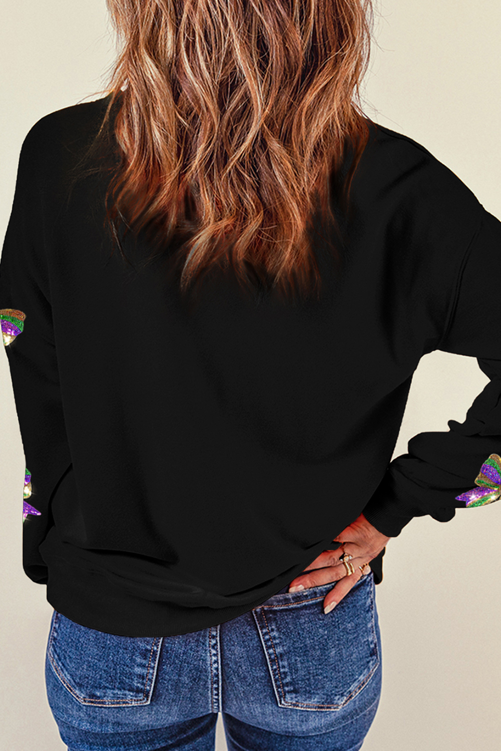 Black Sequin Mardi Gras Bow Graphic Drop Shoulder Pullover Sweatshirt - loveforevers