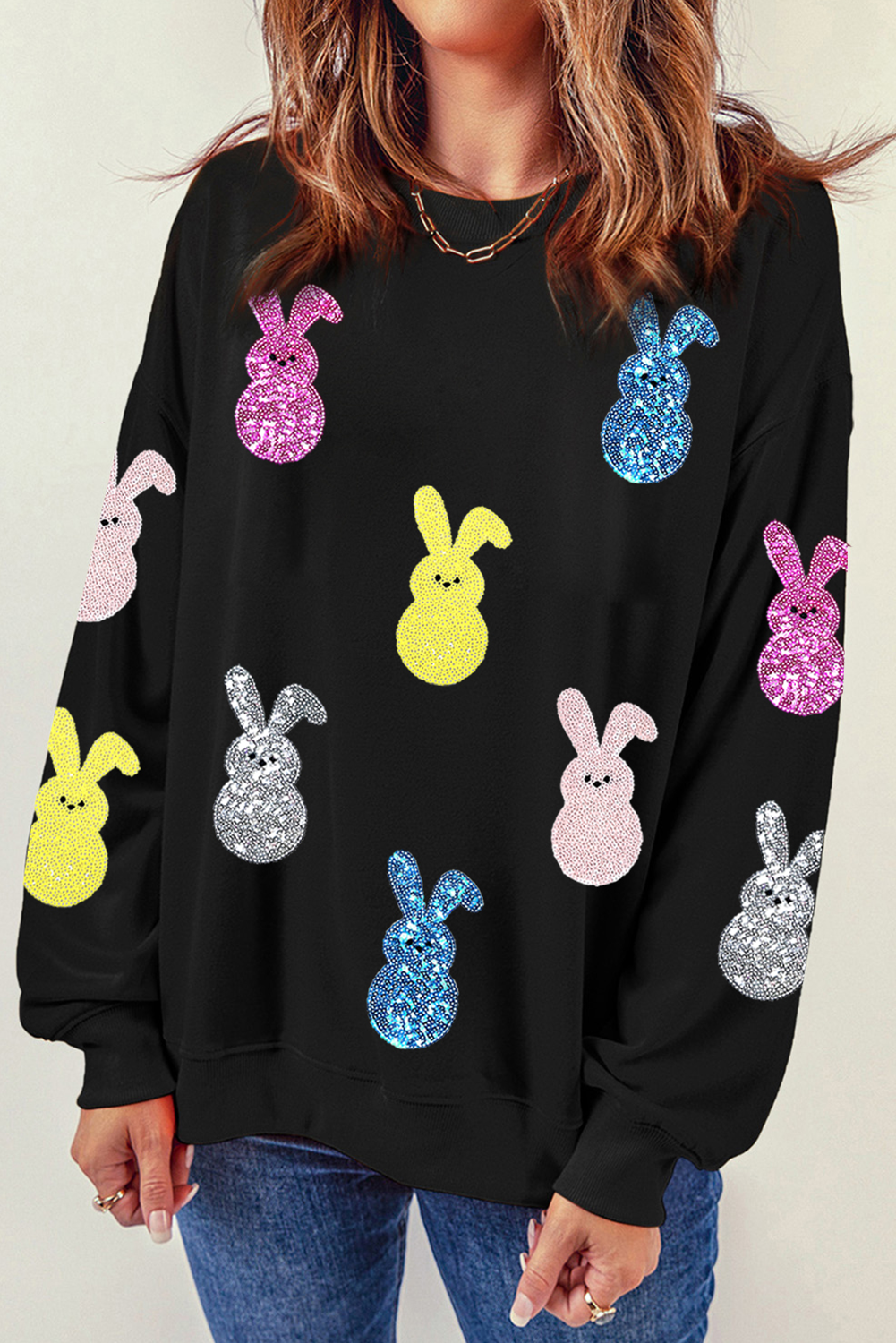 Black Sequin Bunny Doll Graphic Drop Shoulder Sweatshirt - loveforevers