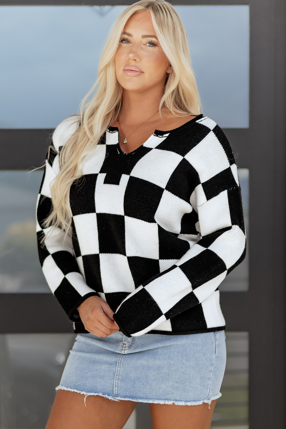 Black Checked Notched Neckline Drop Shoulder Knit Sweater - loveforevers