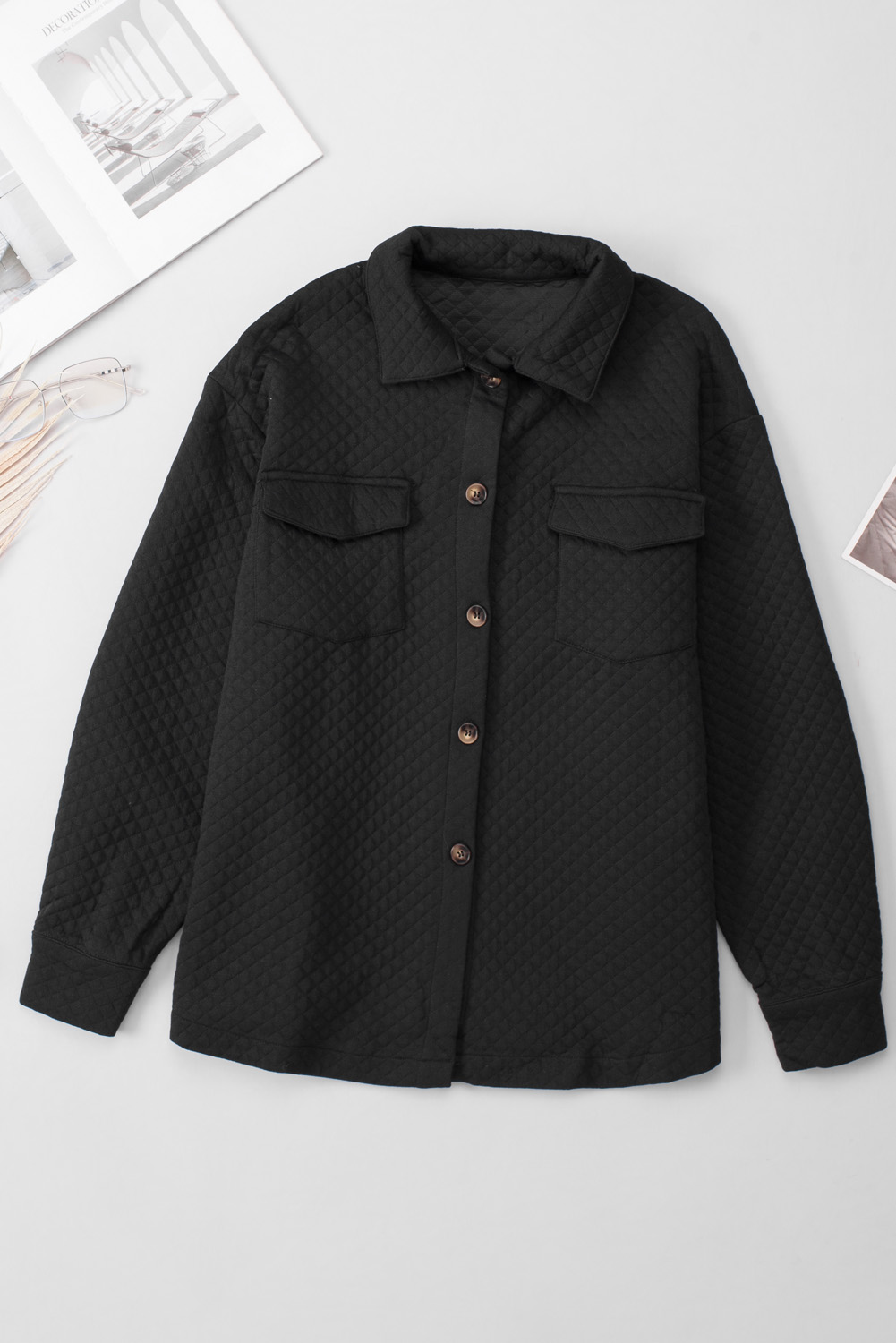 Gray Retro Quilted Flap Pocket Button Shacket - loveforevers