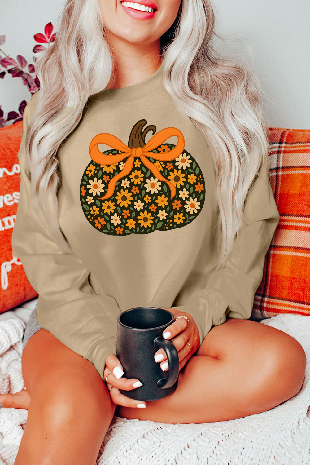 Khaki Floral Pumpkin Graphic Thanksgiving Sweatshirt - loveforevers