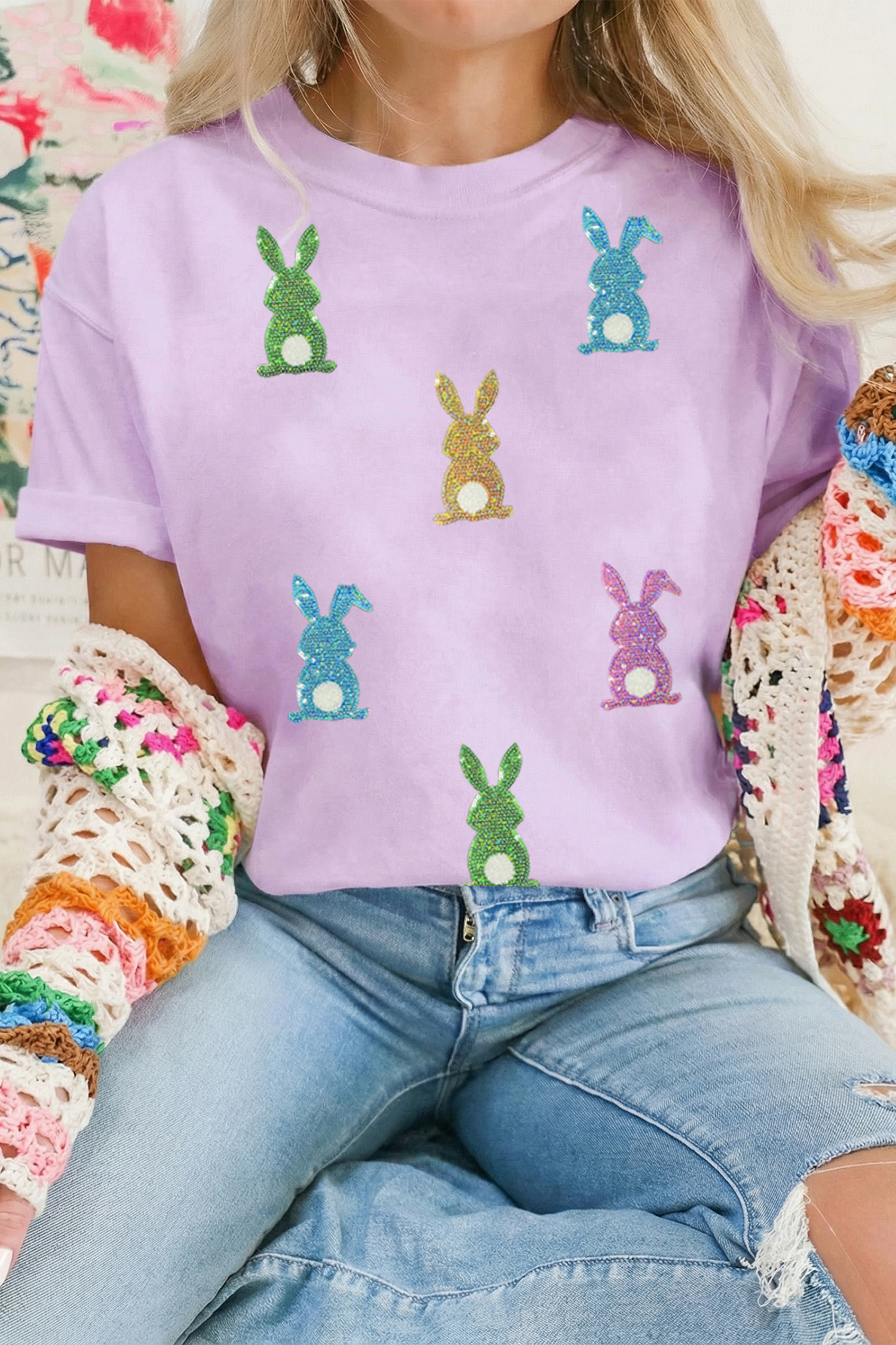 Wisteria Sequin Easter Bunny Patched Tee - loveforevers
