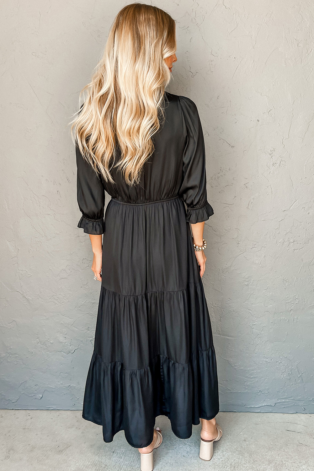 Black Flounced Bracelet Sleeve V Neck Tiered Maxi Dress - loveforevers