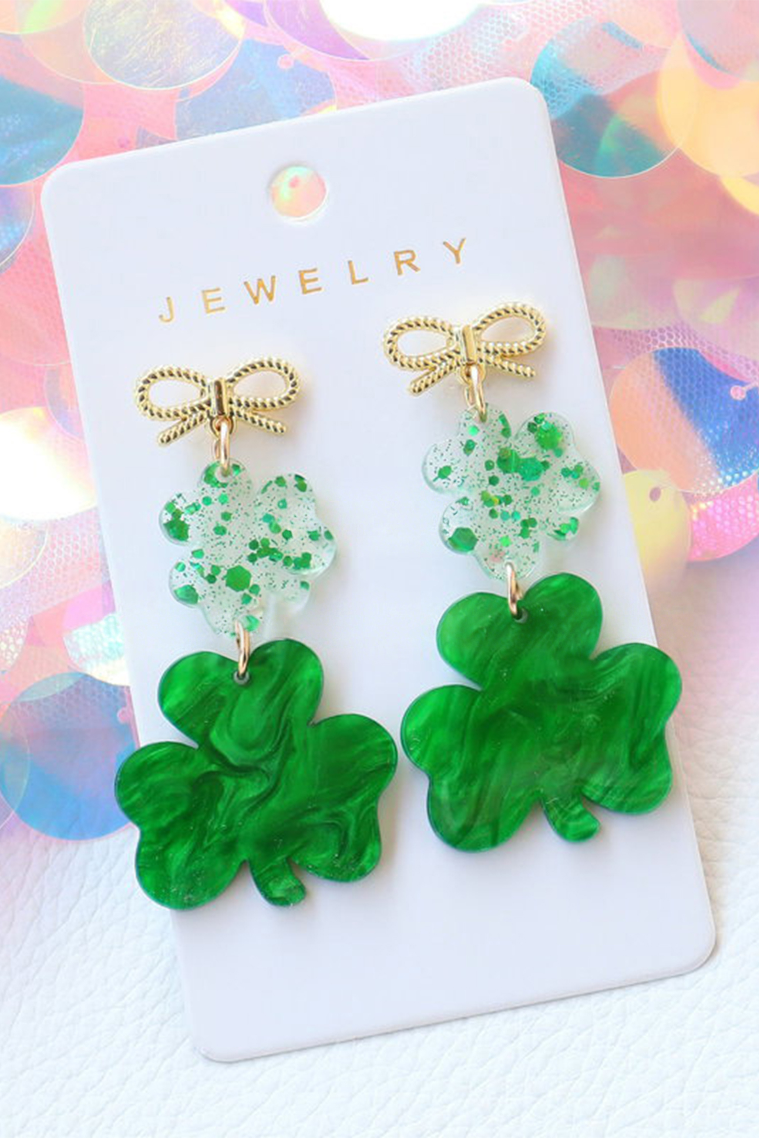 Green Double Clover Dangle Pendant Bow Stud Earrings - loveforevers