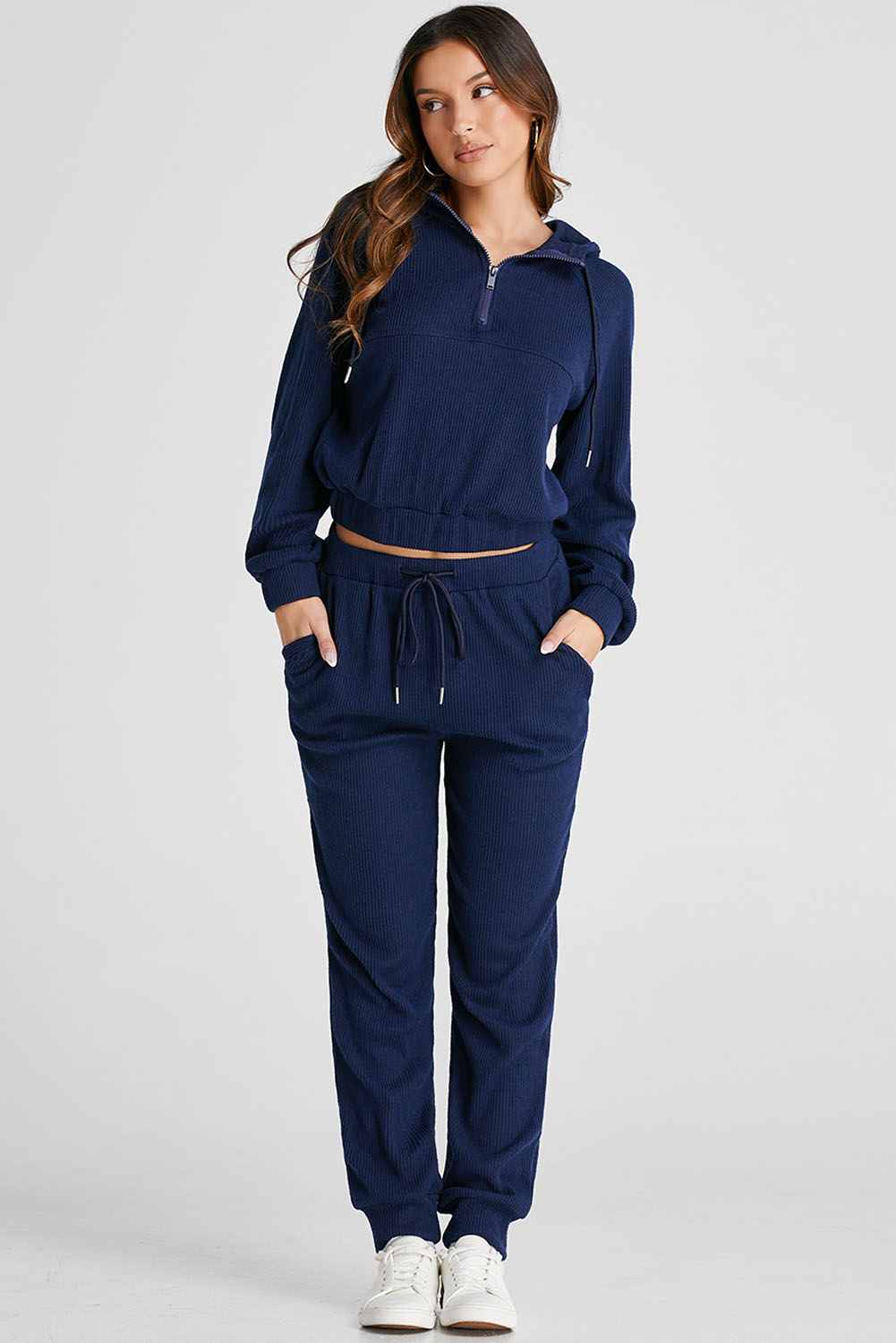 Navy Blue Ribbed Knit Cropped Hoodie and Drawstring Joggers Set - loveforevers