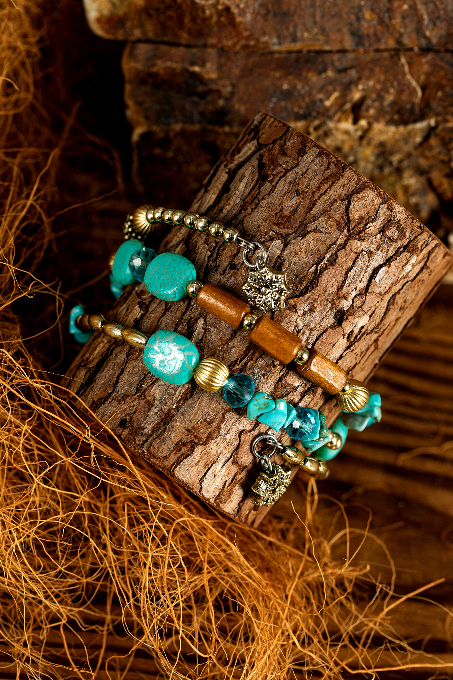 Turquoise Bohemian Style Crystal Stone Plated Bead Multi-Layer Winding Bracelet - loveforevers